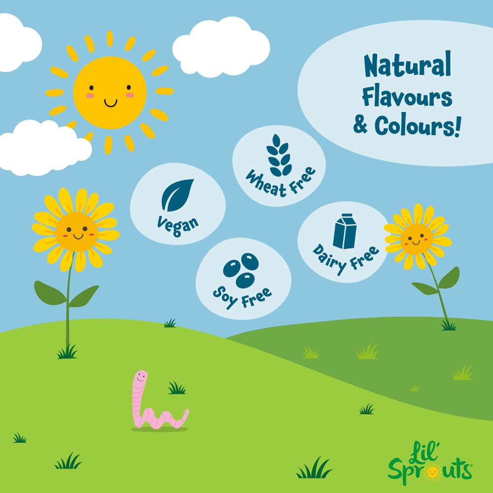 Graphic highlighting: Natural Flavours & Colours, Vegan, Wheat Free, Soy Free, and Dairy Free.
