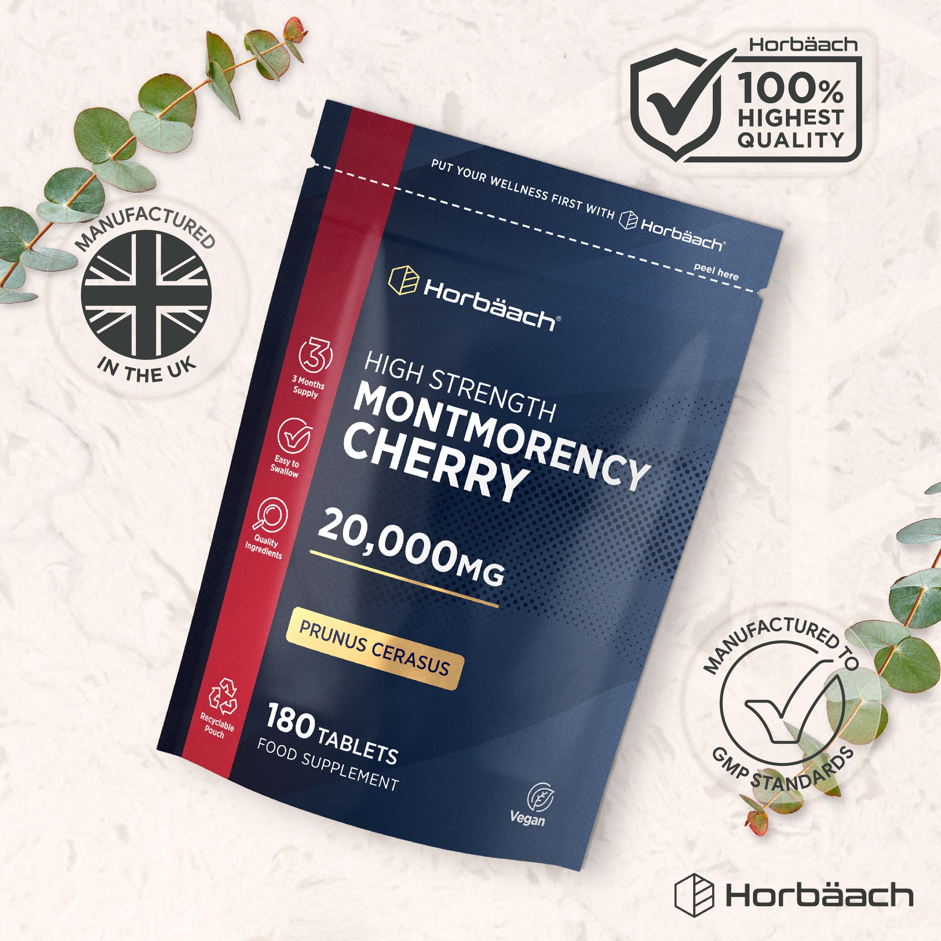 Horbäach High Strength Montmorency Cherry supplement, 20,000mg, 180 tablets for dietary use.