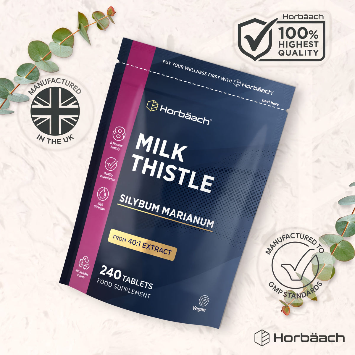 Horbäach Milk Thistle, 240 tablets, Silybum Marianum from 40:1 extract. Food supplement made in UK to GMP standards.