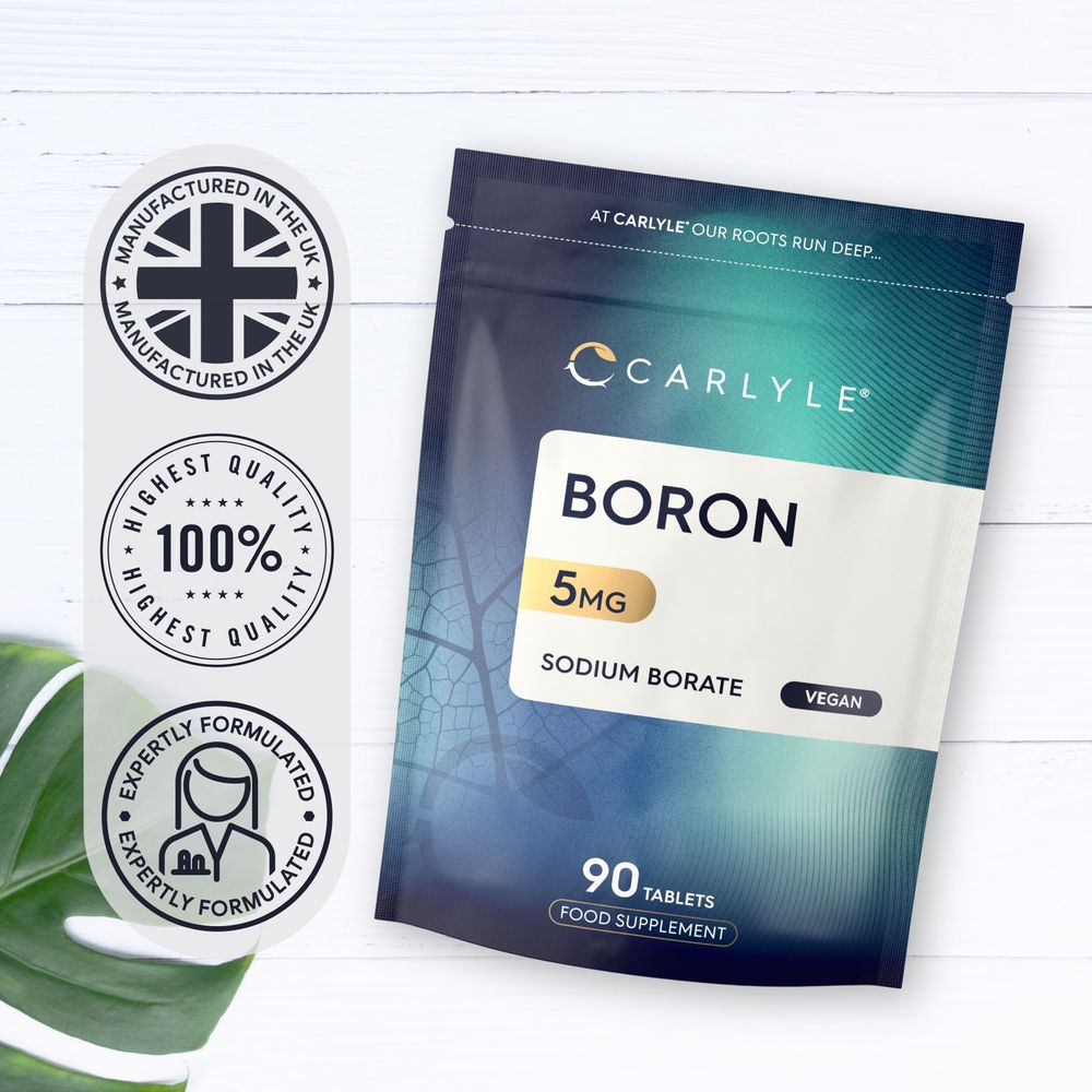 A scale with a hand holding a bottle of Boron 5mg, containing 90 vegan tablets, implying weight and quantity display.