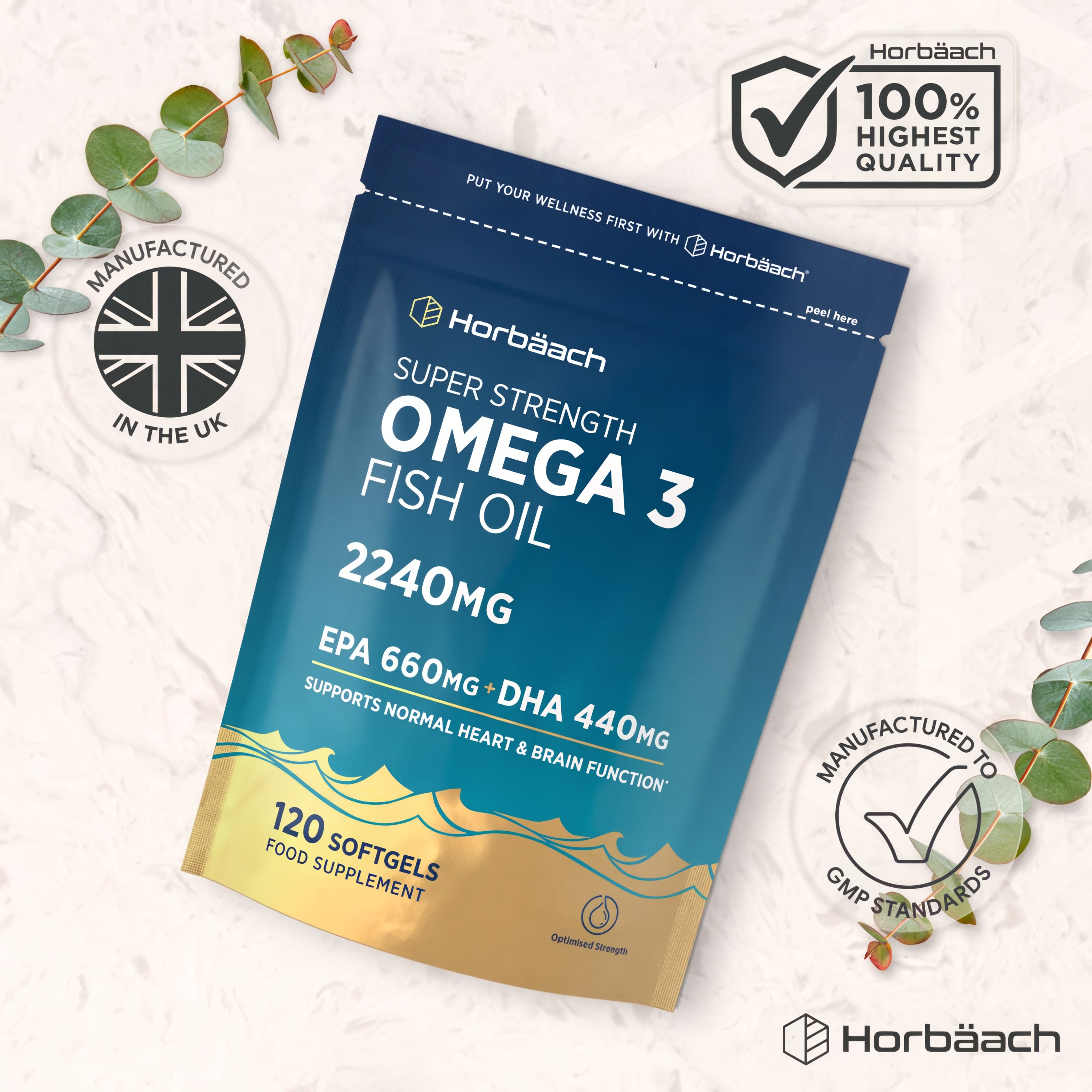 Horbäach Super Strength Omega 3 Fish Oil 2240mg, EPA 660mg, DHA 440mg. 120 Softgels supporting heart and brain function.