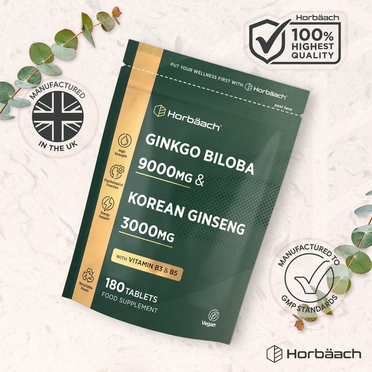 Horbäach Ginkgo Biloba 9000mg & Korean Ginseng 3000mg Complex with Vitamins B3 & B5, 180 Vegan Tablets.