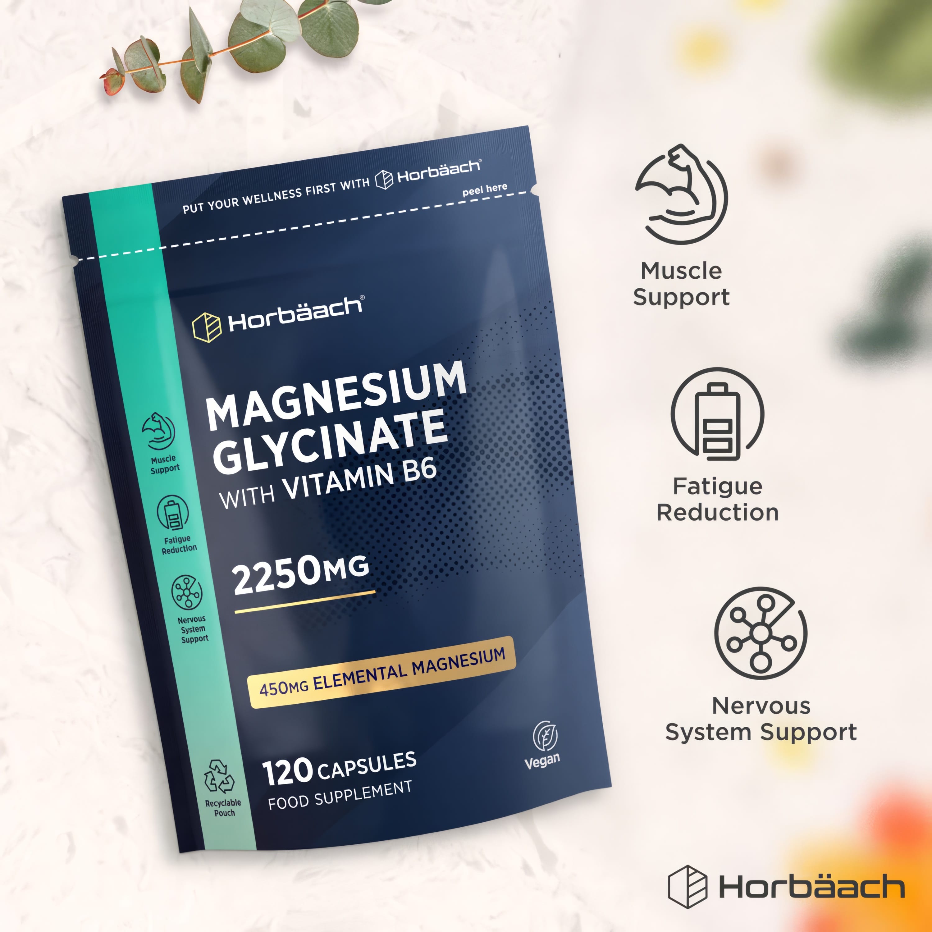 Magnesium Glycinate with Vitamin B6, 2250mg, 450mg Elemental Magnesium, 120 vegan capsules in a pouch.