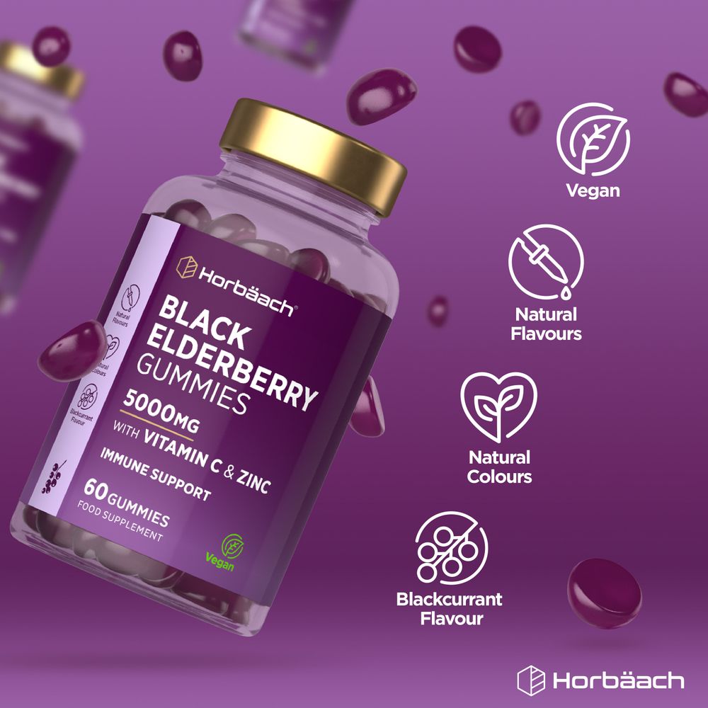 Black Elderberry 5000mg Vegan Gummies, 60 count, displayed inside and outside the jar.