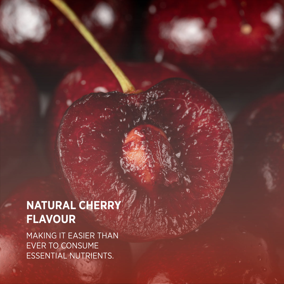 Product highlights graphic stating Natural Cherry Flavour, making it simple to consume essential nutrients easily and efficiently.