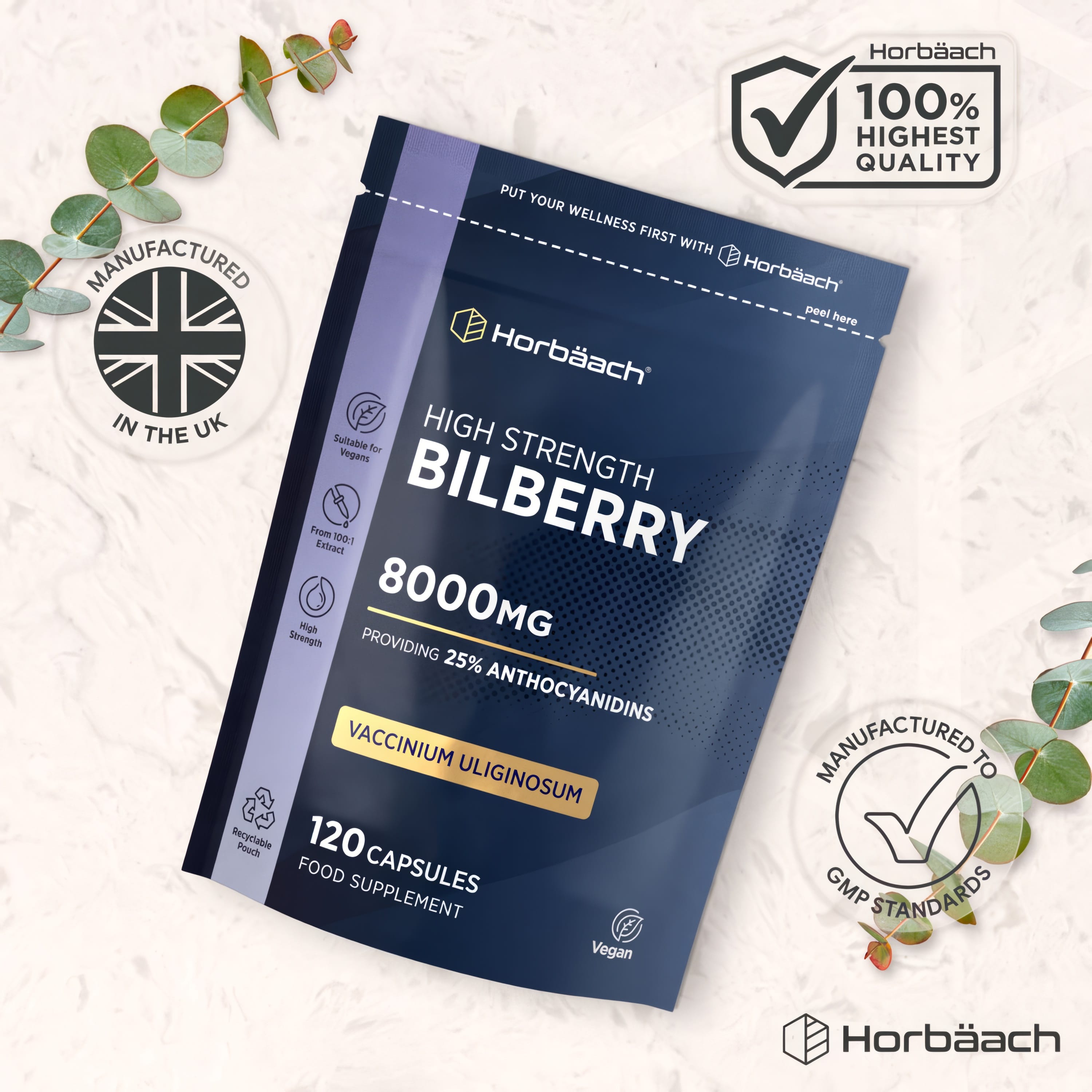 Horbäach High Strength Bilberry 8000mg with 25% Anthocyanidins, Vaccinium Uliginosum, 120 Vegan Capsules.