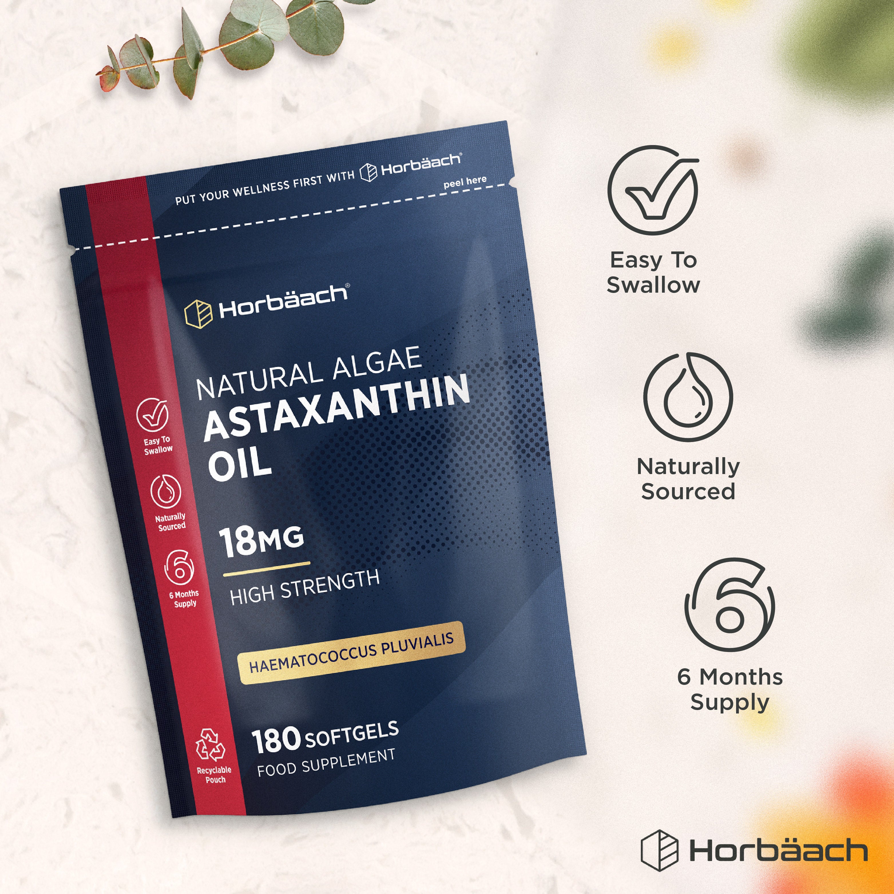 Natural Algae Astaxanthin Oil 18mg, high strength, 180 softgels as a food supplement in a recyclable pouch.