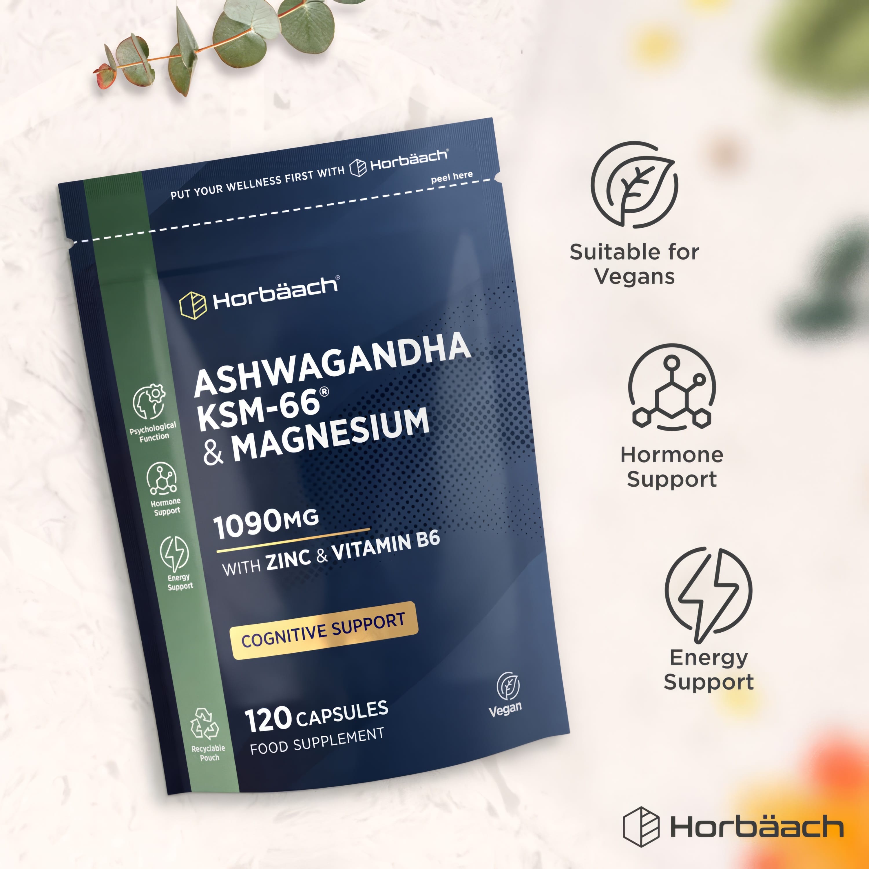 Ashwagandha KSM-66 & Magnesium 1090mg with Zinc & Vitamin B6, 120 Vegan Capsules. Supports cognitive, hormone, and energy health.