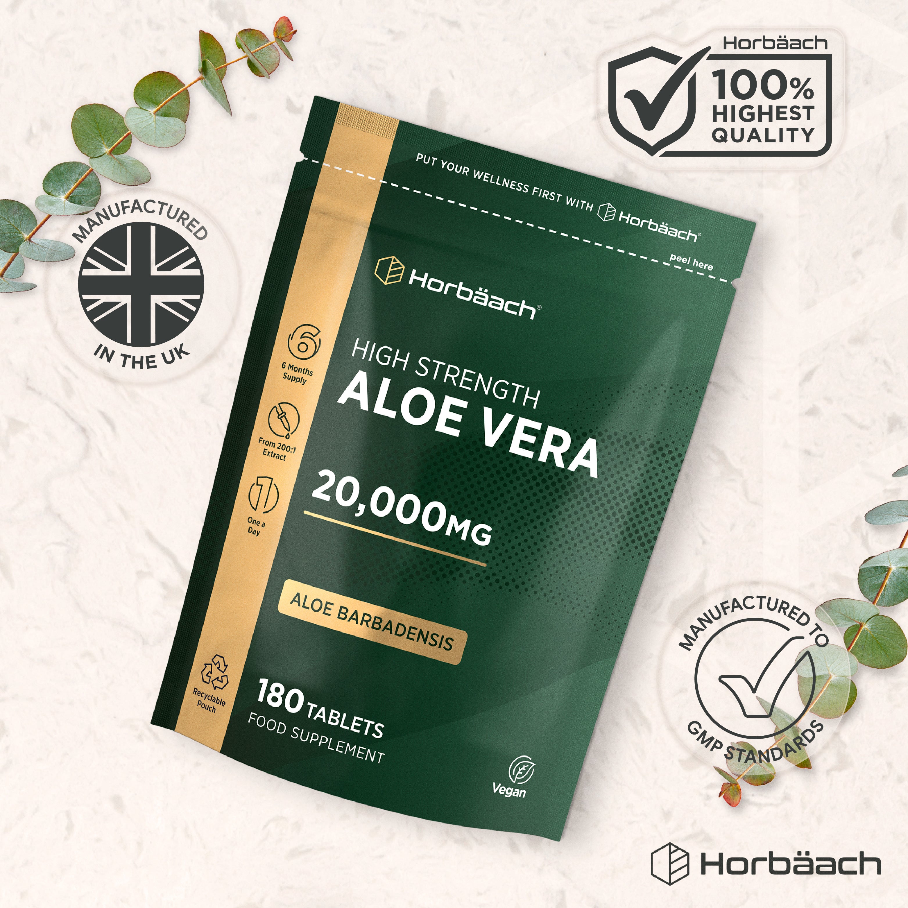 Horbäach Aloe Vera Tablets 20,000mg, 180 count, vegan food supplement.