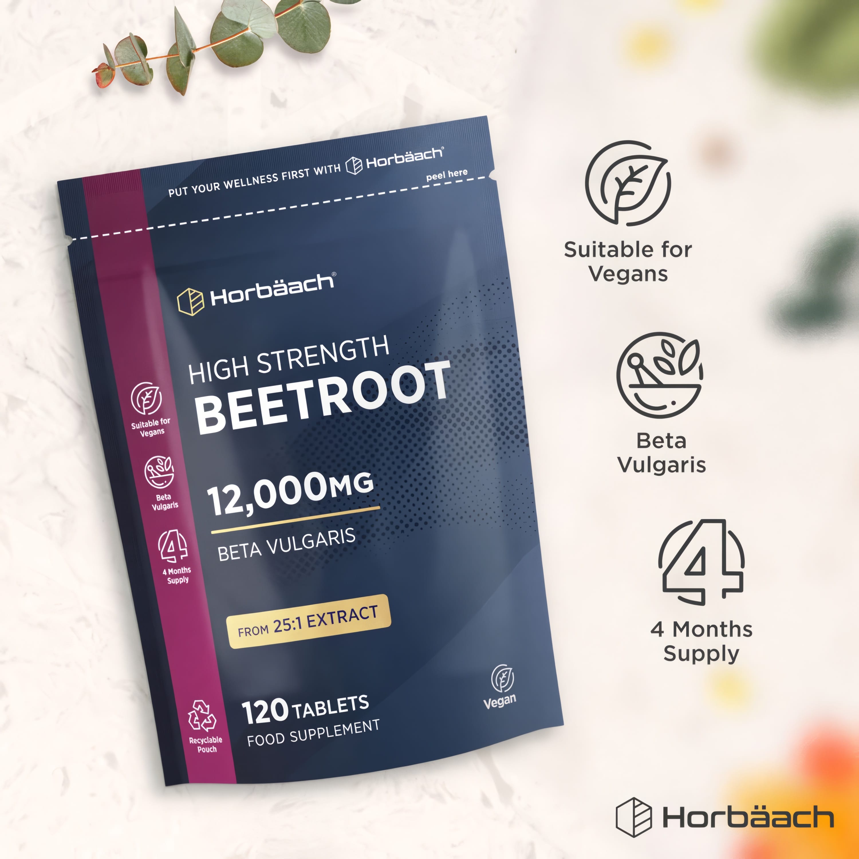 High Strength Beetroot 12,000mg Beta Vulgaris 25:1 Extract, 120 Vegan Tablets for a 4-Month Supply.