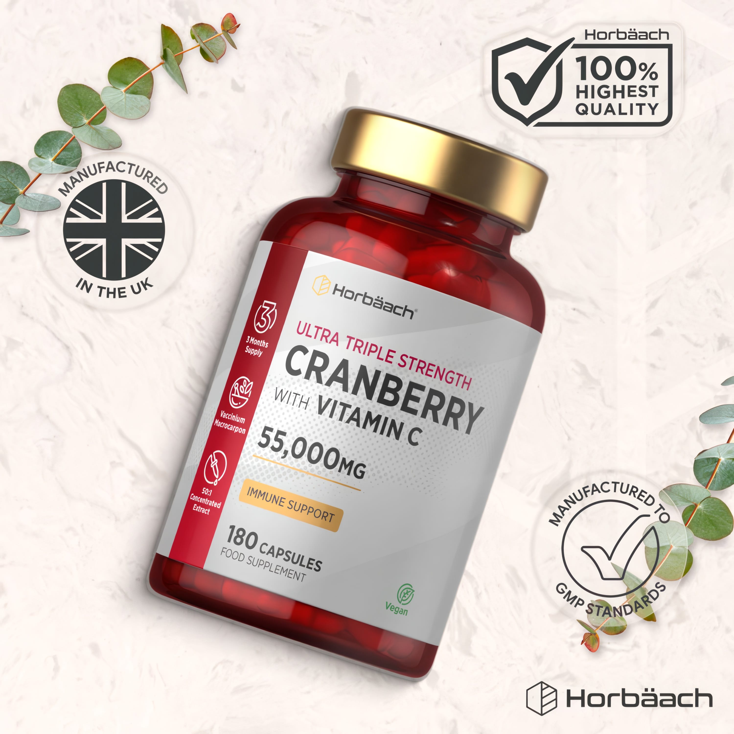 Horbäach Ultra Triple Strength Cranberry with Vitamin C 55,000mg, 180 Capsules. Supports immunity. Vegan supplement.