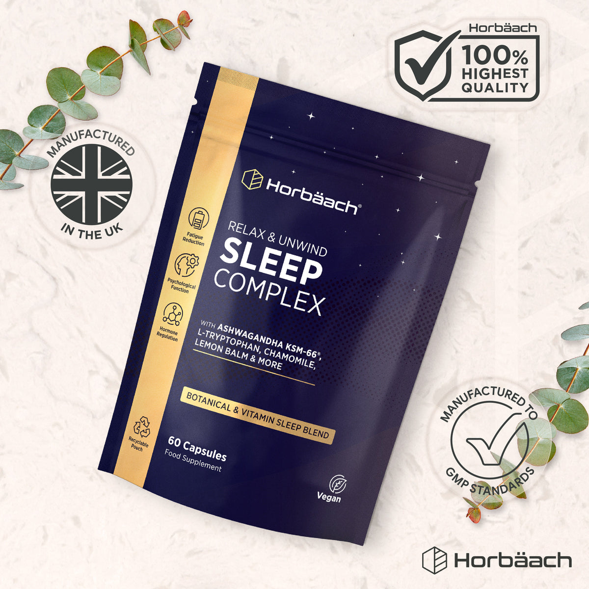 Horbäach Sleep Complex, 60 Vegan Capsules. Made in UK to GMP Standards, 100% Highest Quality. Contains Ashwagandha.