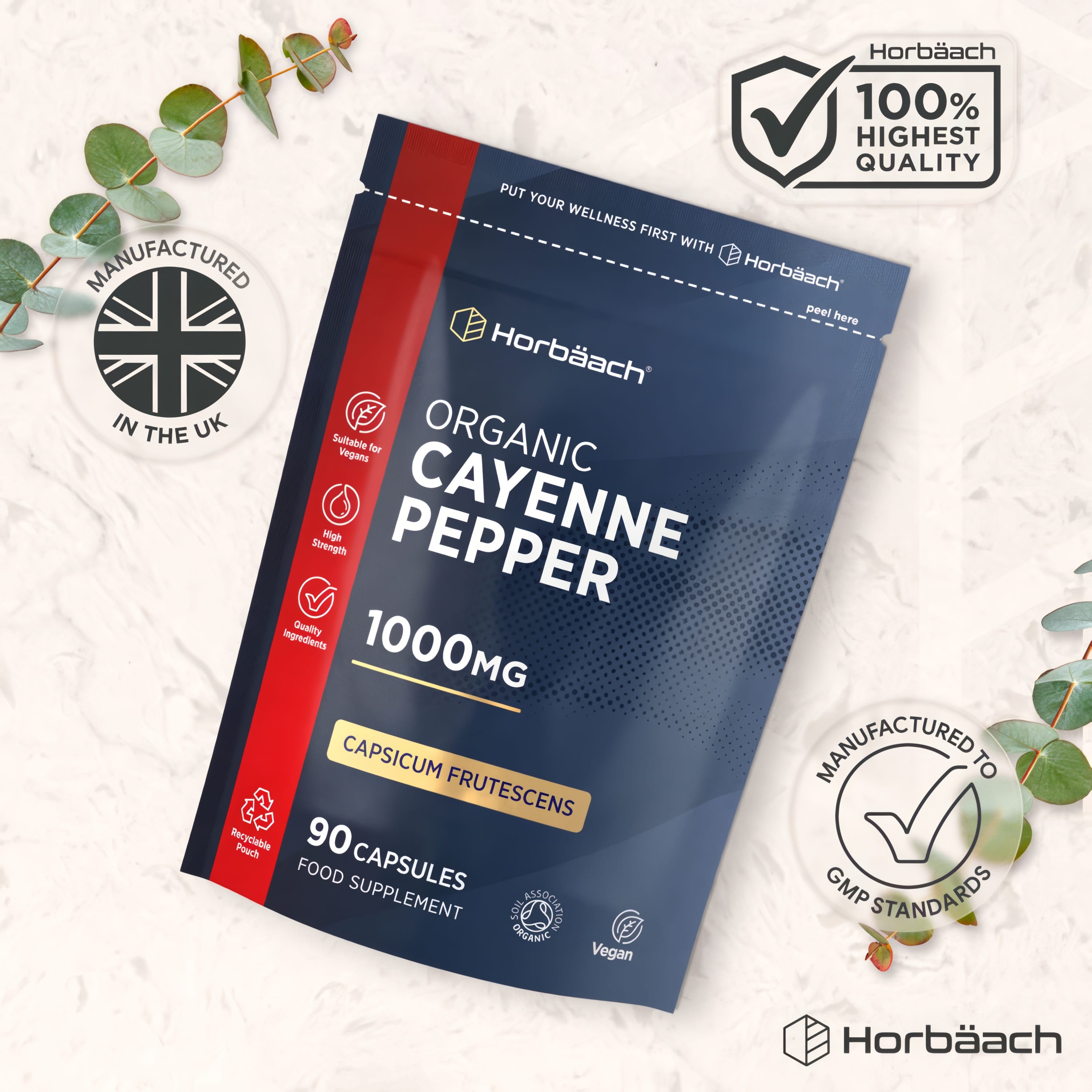 Horbäach Organic Cayenne Pepper 1000mg, 90 Vegan Capsules, Food Supplement in a bottle.