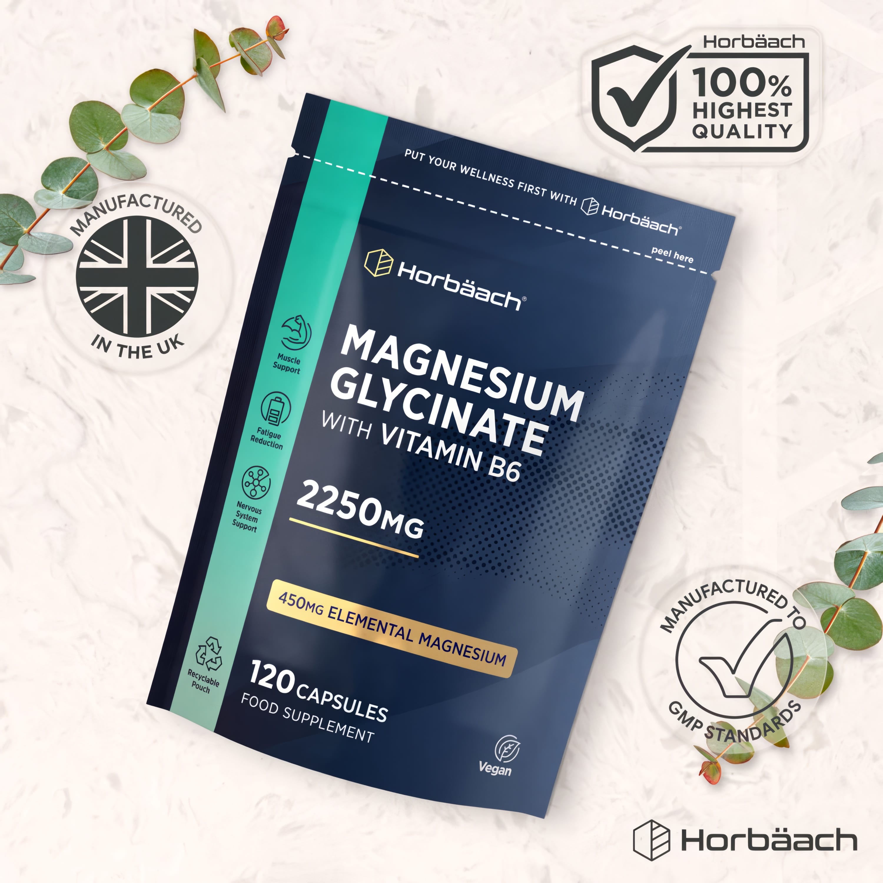 Magnesium Glycinate with Vitamin B6, 2250MG, 450MG Elemental Magnesium, 120 Vegan Capsules in a pouch.
