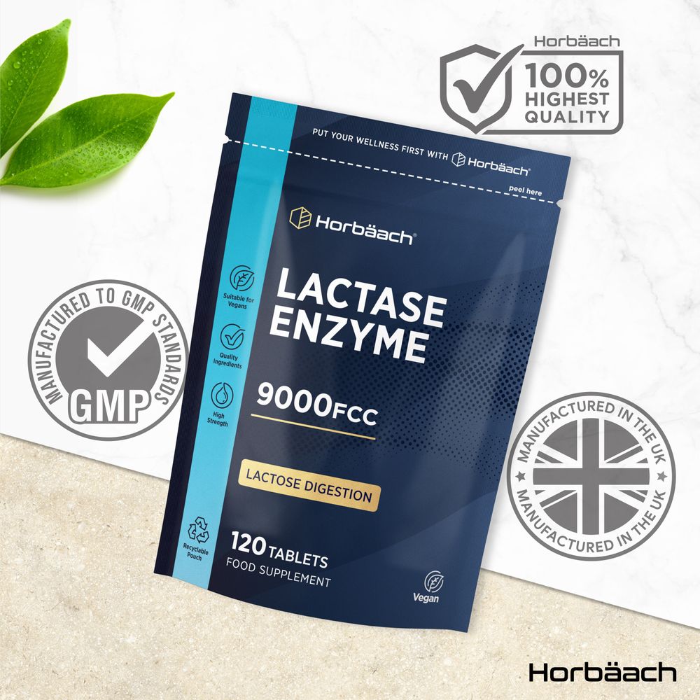 Pouch containing 120 vegan tablets of Lactase Enzyme 9000 FCC for digestive support, shown on a hand scale for weight reference.