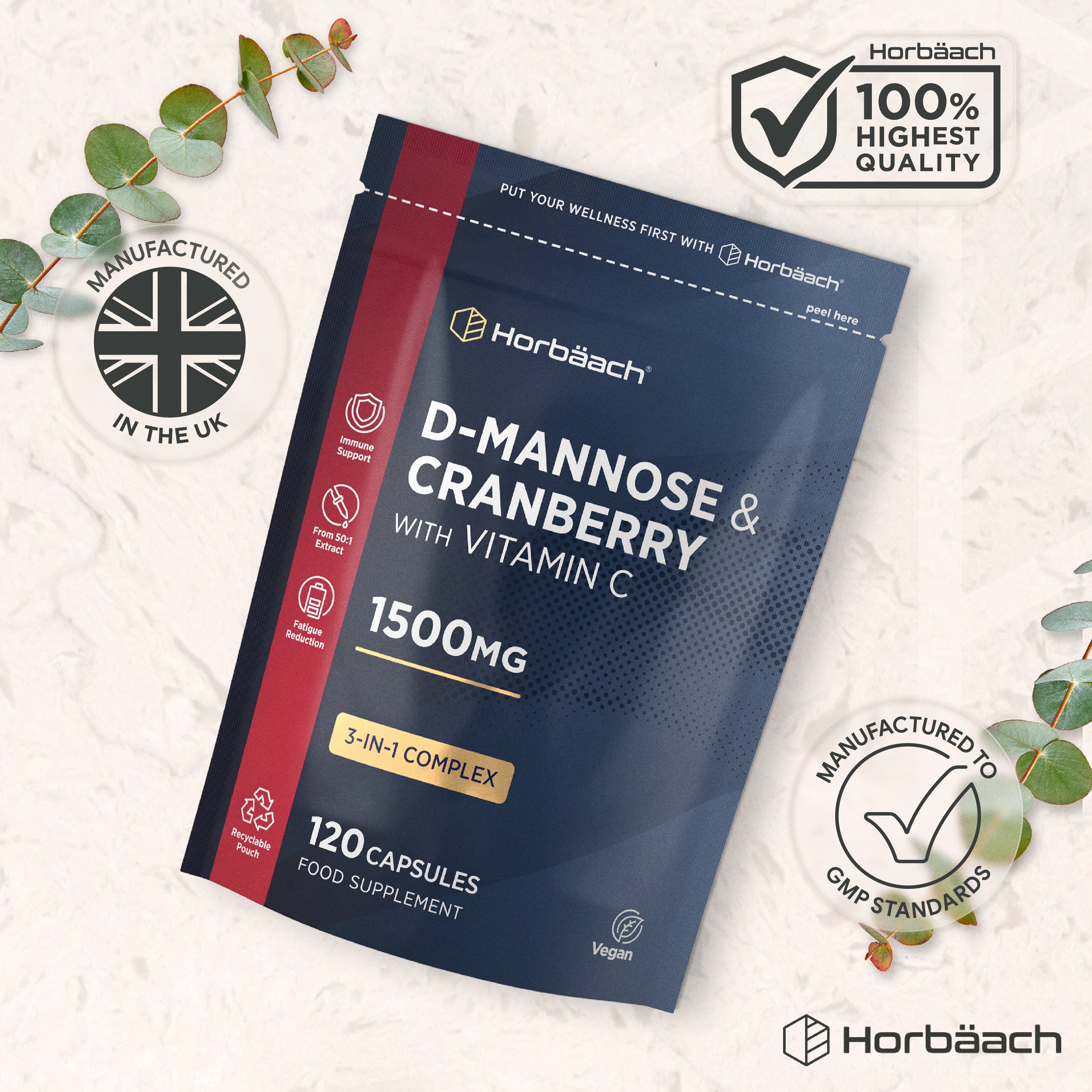 Horbäach D-Mannose & Cranberry with Vitamin C, 1500mg, 120 capsules, 3-in-1 complex, vegan.