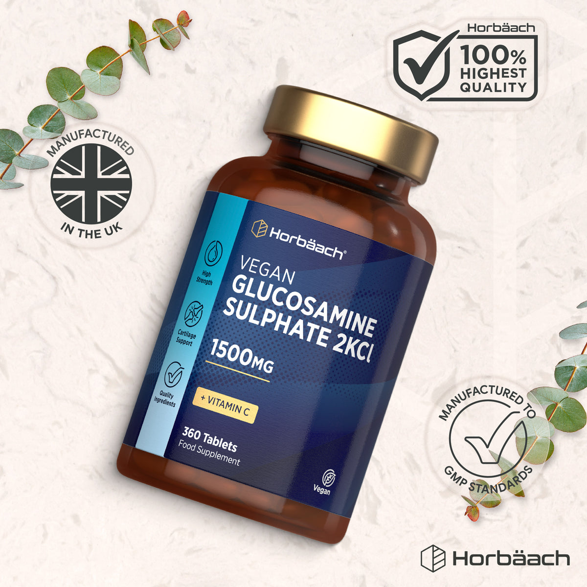Vegan Glucosamine Sulphate 2KCl 1500mg with Vitamin C, 360 tablets, dietary supplement.