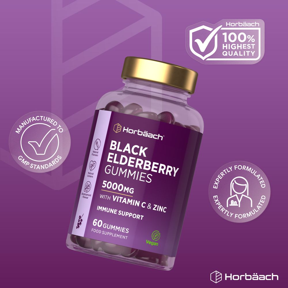 Hand holding Black Elderberry Gummies bottle, 5000mg with Vitamin C and Zinc, 60 count, in a bulk scale image.