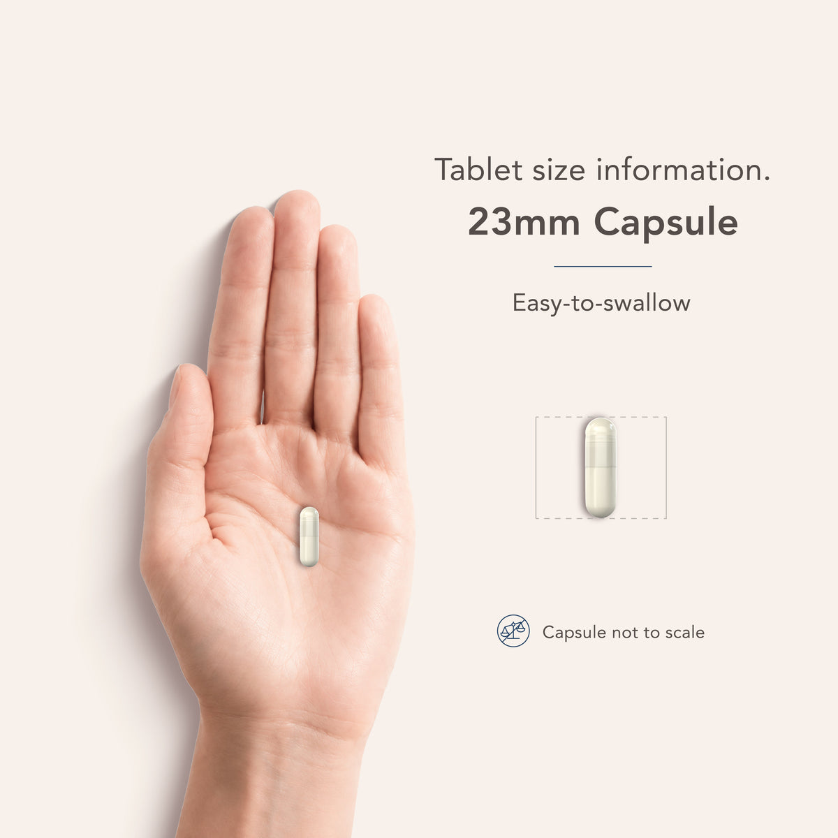 A hand holds a 23mm capsule labeled easy-to-swallow, demonstrating the capsule's size and ease of ingestion for consumers.