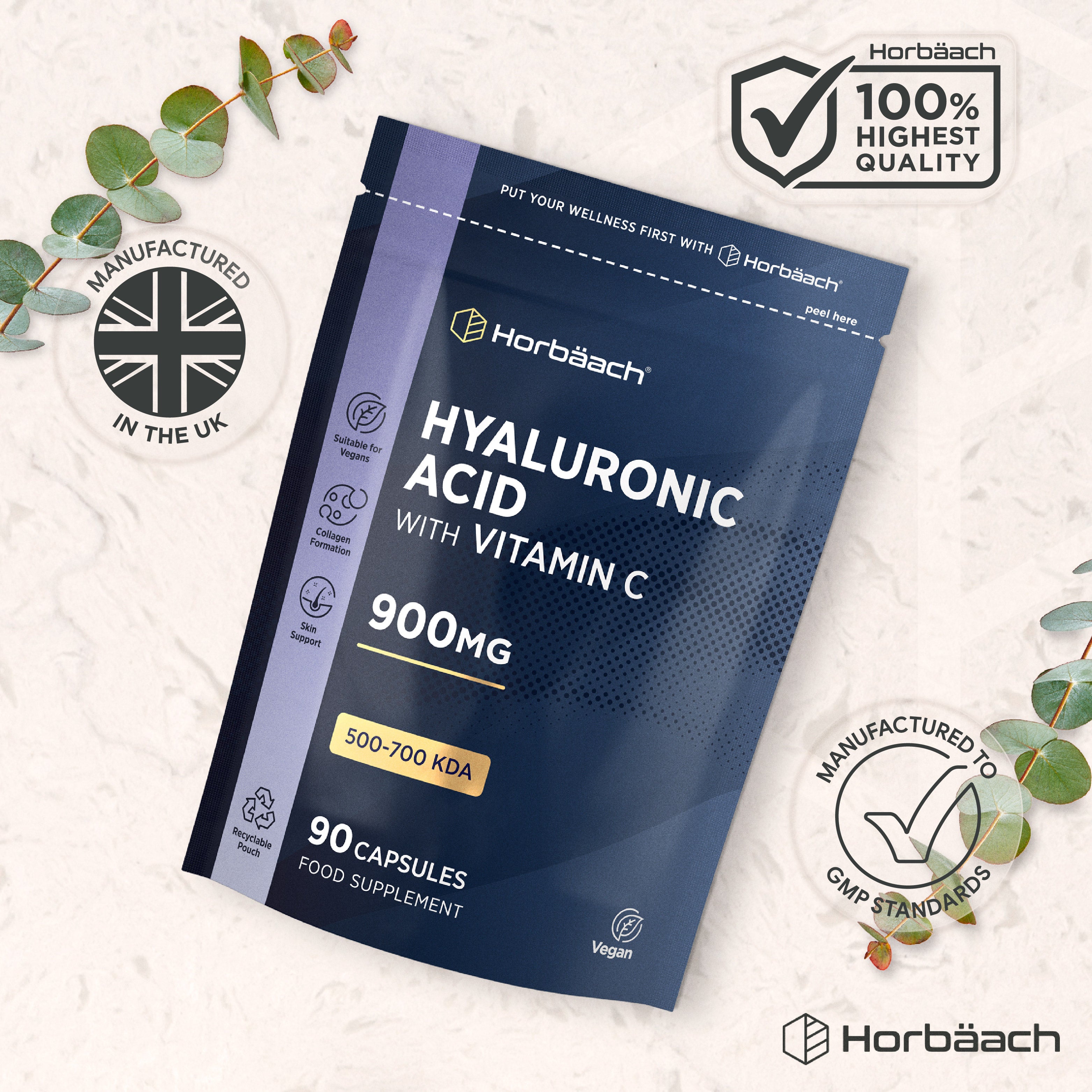 Horbäach Hyaluronic Acid with Vitamin C 900mg, 500-700 KDA, 90 Vegan Capsules in a recyclable pouch, food supplement.