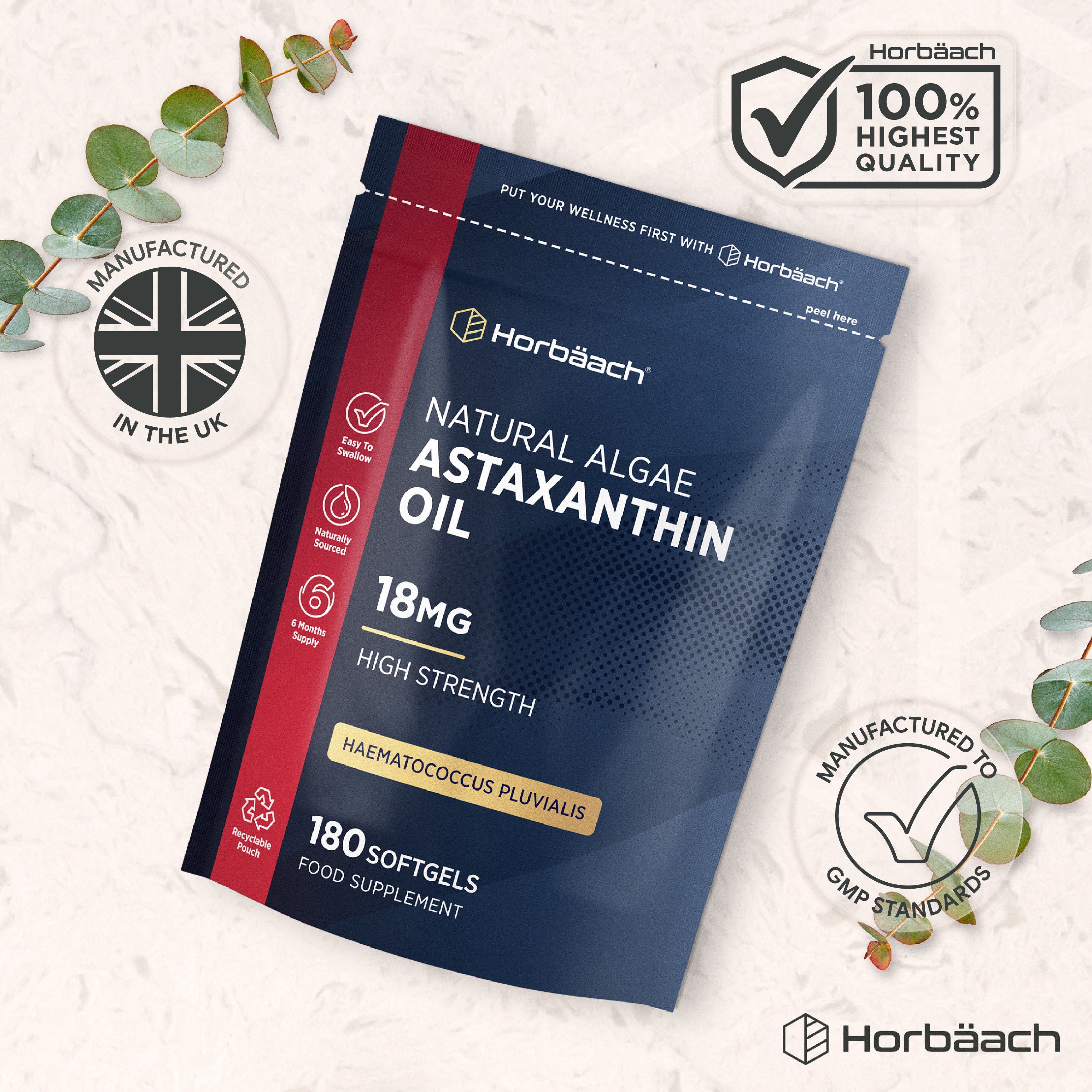 Natural Algae Astaxanthin Oil 18mg offers high strength with 180 softgels as a food supplement.