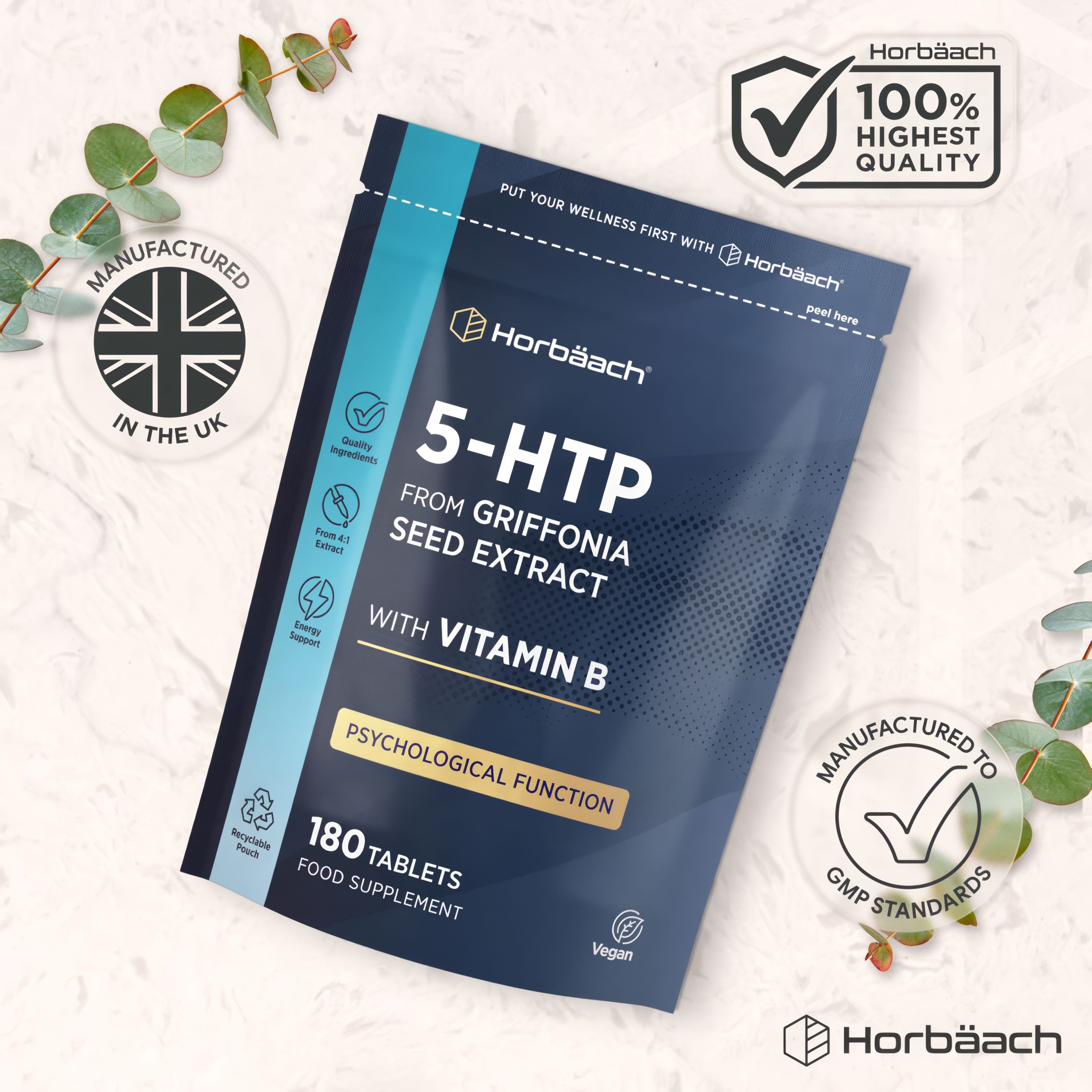 Infographic showing Horbäach 100% highest quality, manufactured in the UK to GMP standards.