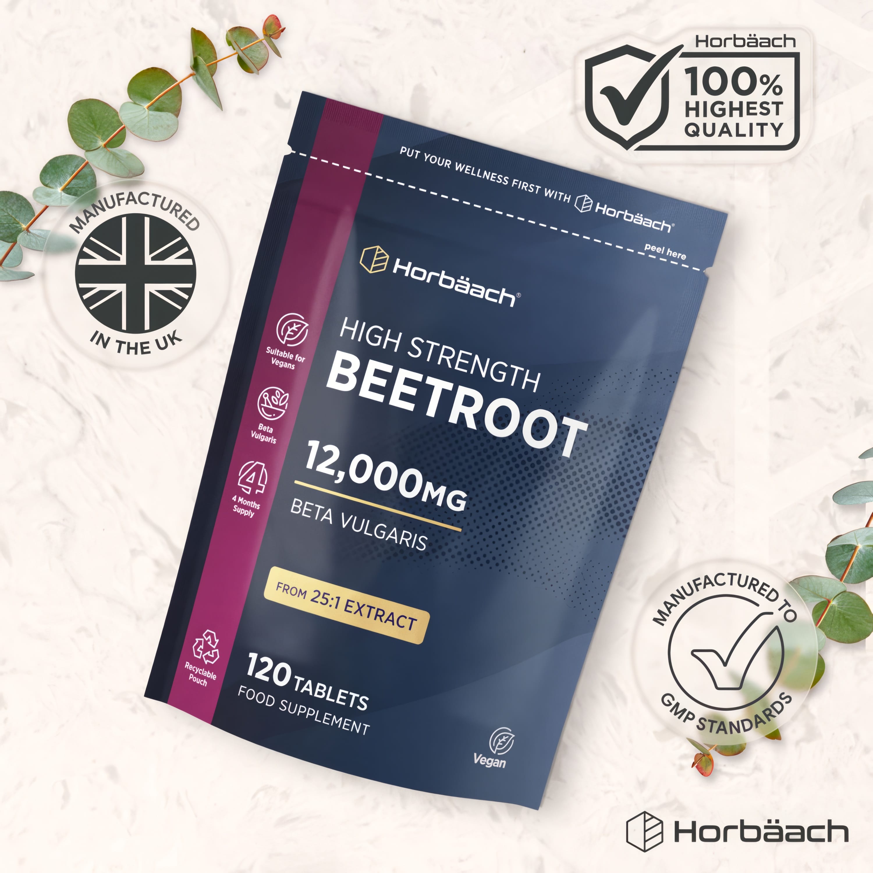 Beetroot pouch with icons indicating Vegan, Beta Vulgaris, 4 Months Supply, Recyclable, UK Made, 100% Quality, GMP Certified.