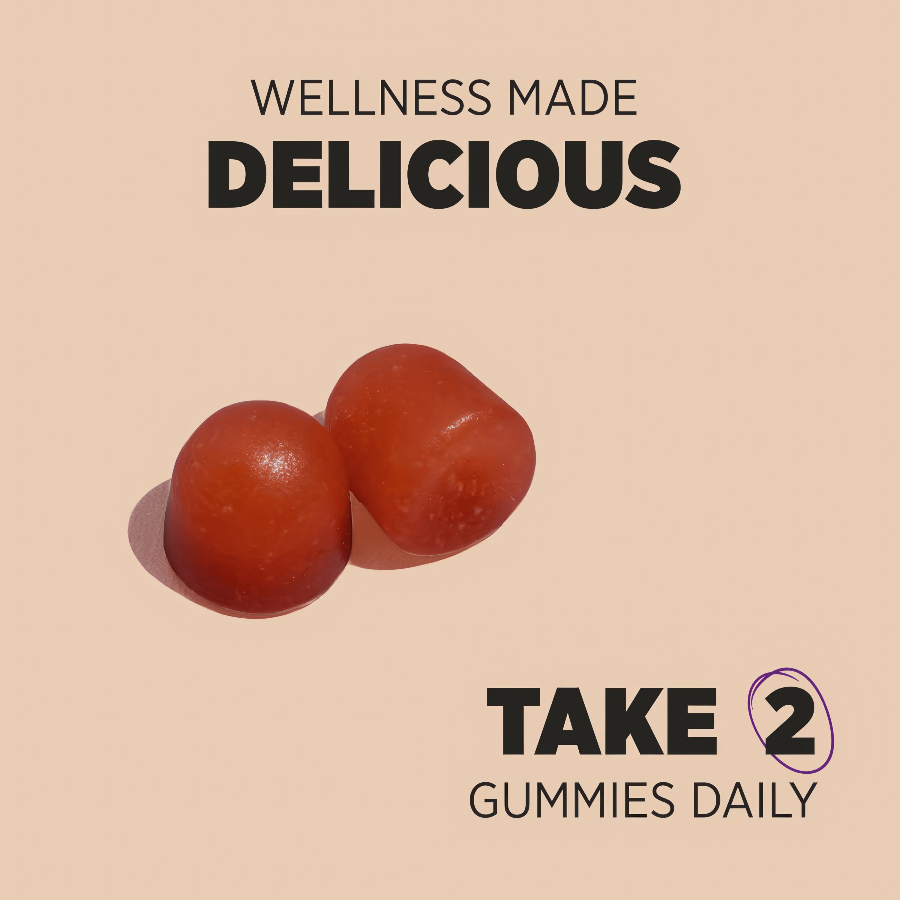 Two red HU Biotin 10000ug Vegan Gummies with 'WELLNESS MADE DELICIOUS' and 'TAKE 2 GUMMIES DAILY' text displayed.