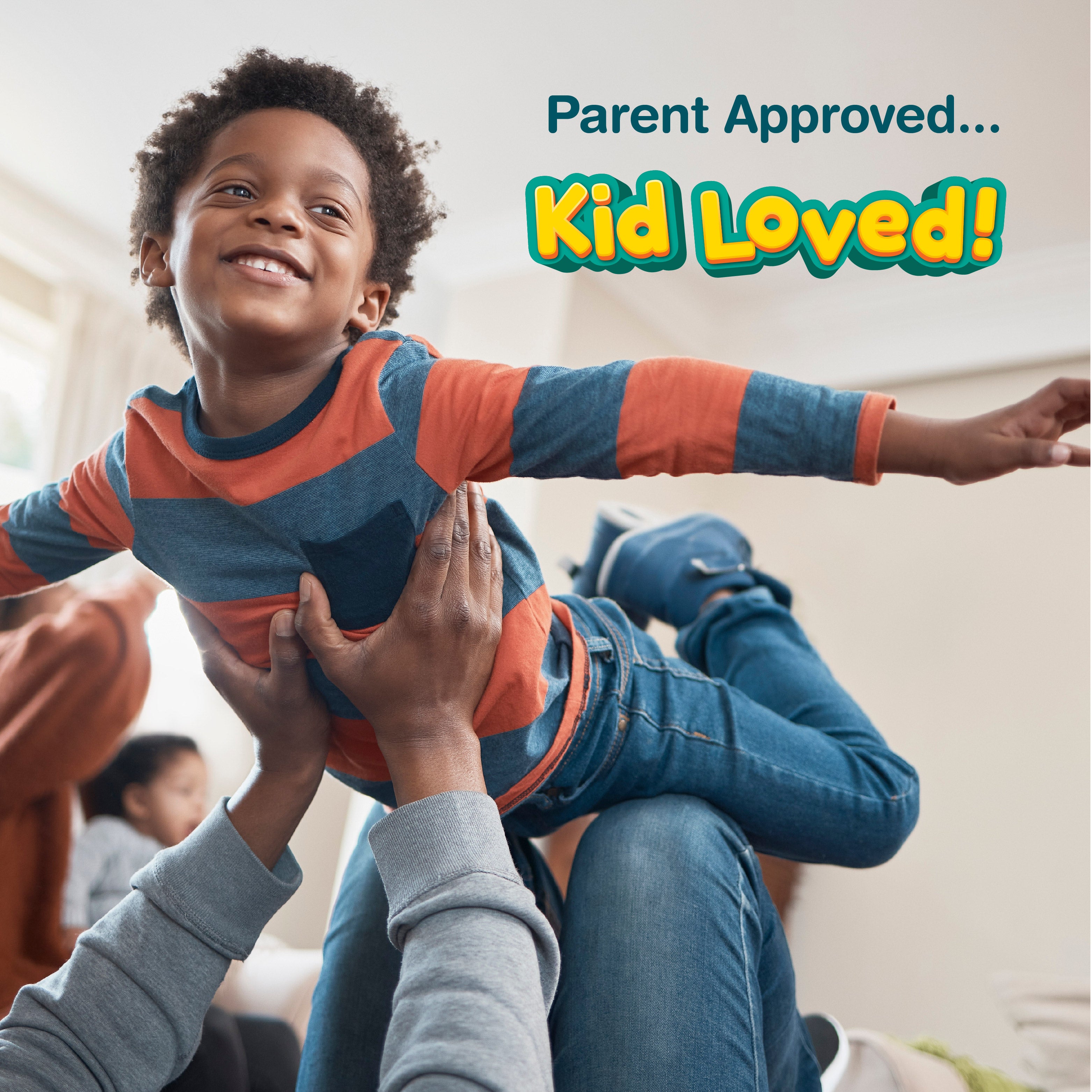 Young Black boy smiling and playing, held up by adult hands, with text 'Parent Approved... Kid Loved!' for Elderberry Gummies for Kids.
