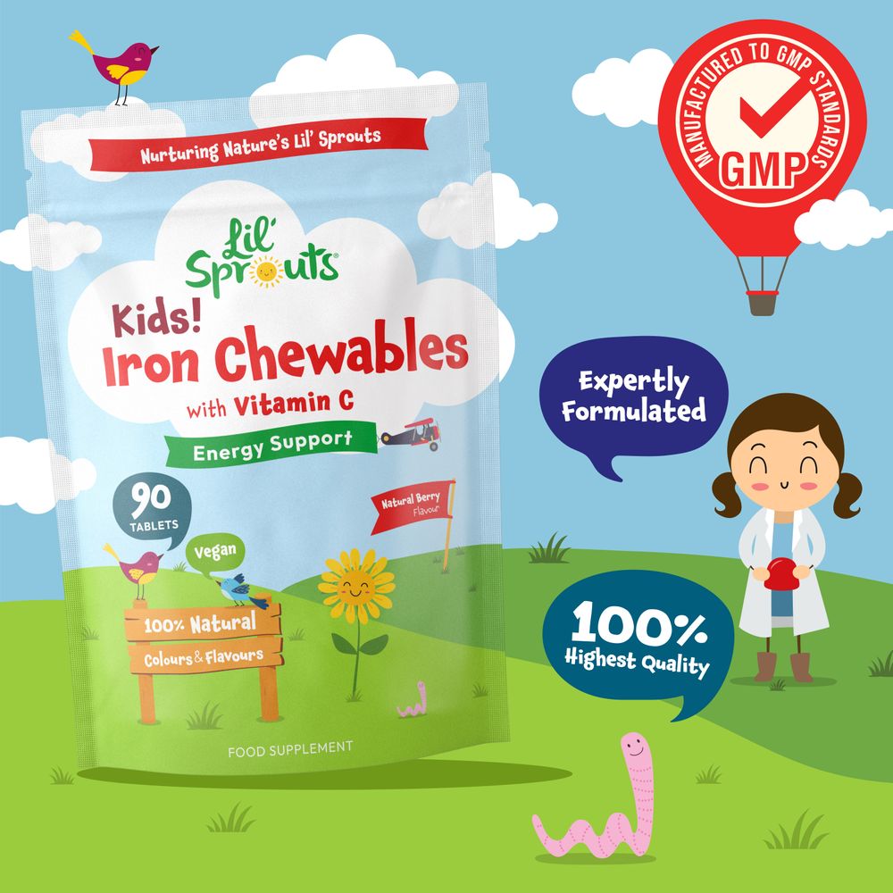 Lil' Sprouts Kids! Iron Chewables with Vitamin C, 90 vegan tablets, shown on a hand scale to indicate quantity or weight.