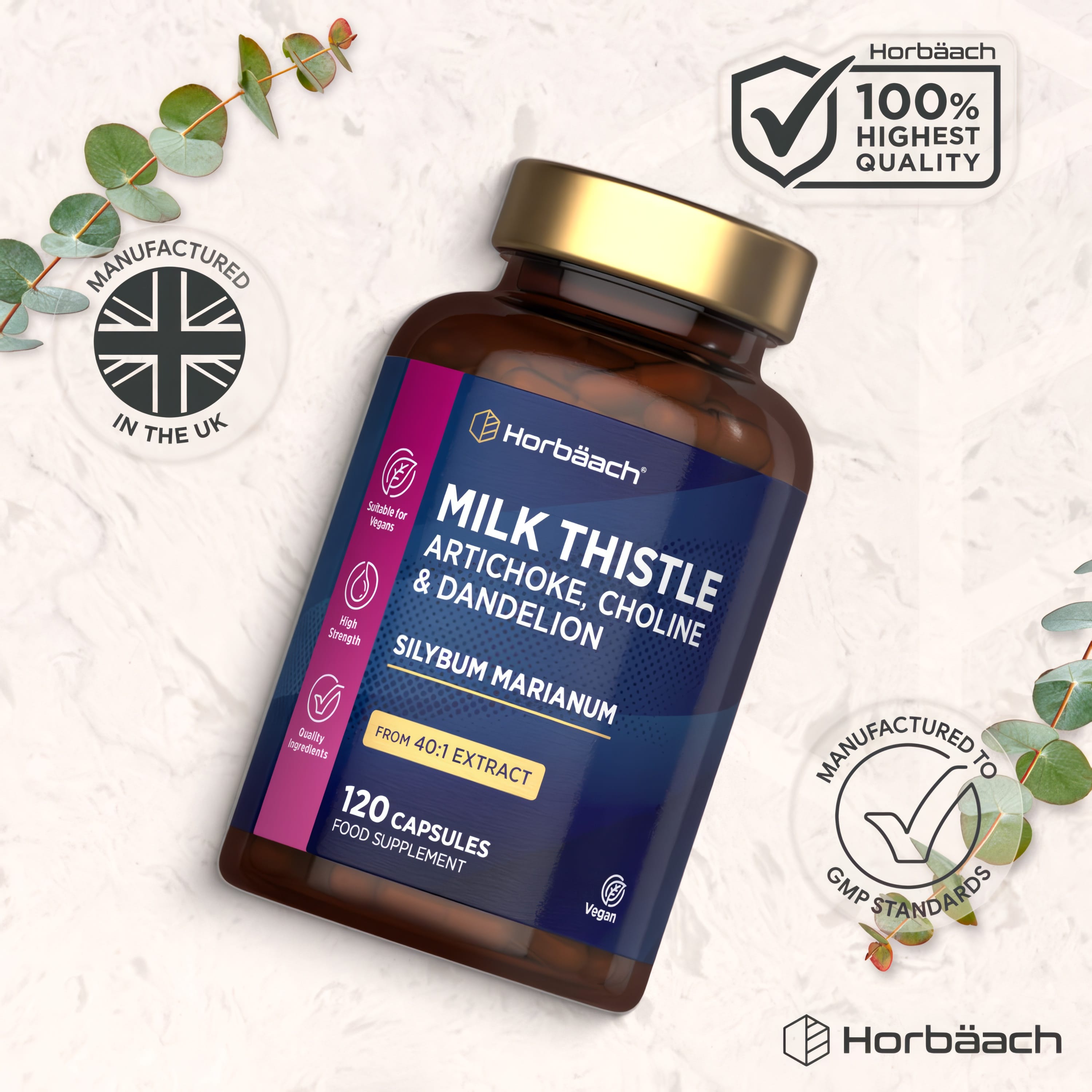 Milk Thistle Complex bottle with icons indicating it's UK-made, high strength, vegan, GMP standards, and quality ingredients.