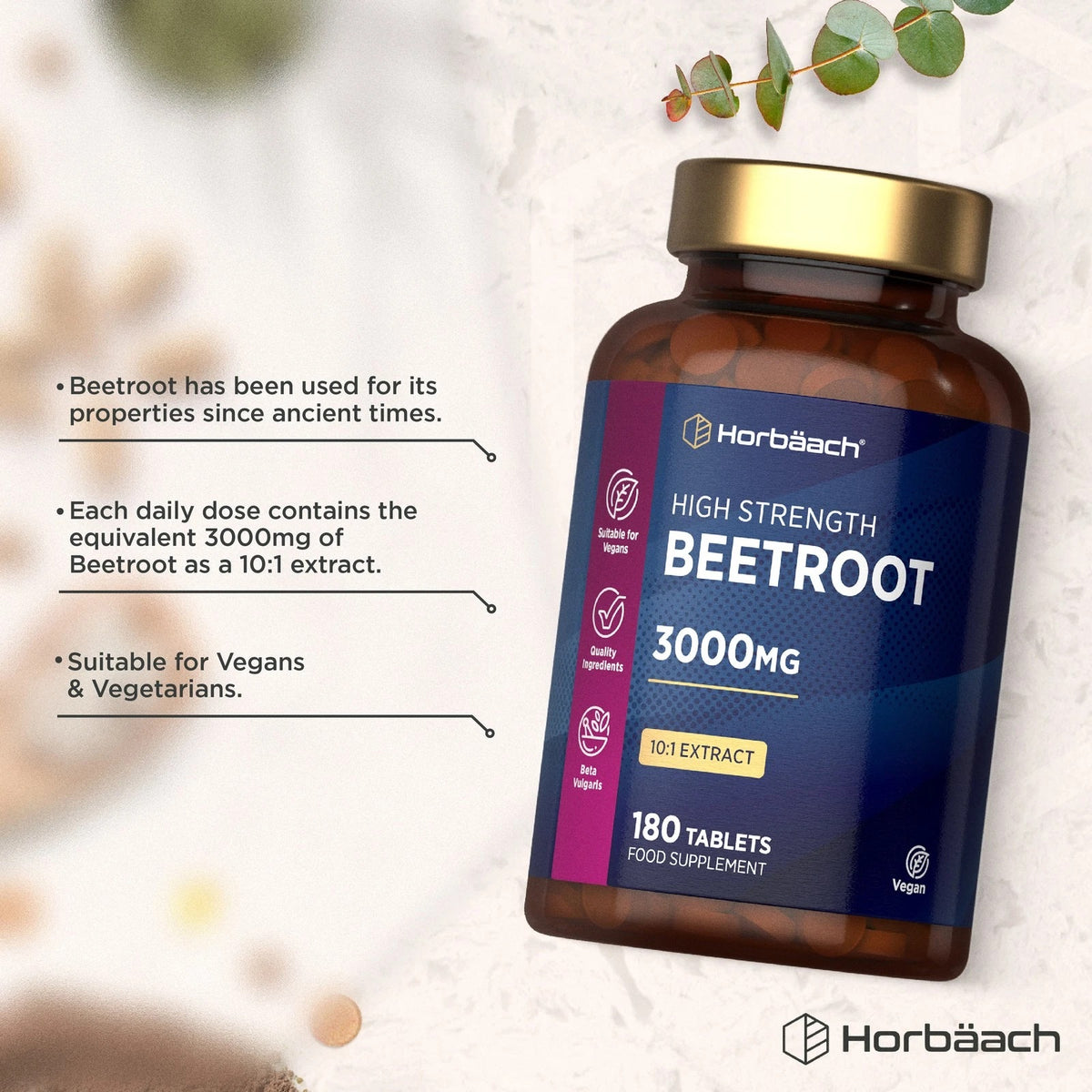 Horbäach High Strength Beetroot 3000mg 10:1 Extract with 180 tablets. Suitable for vegans and vegetarians.