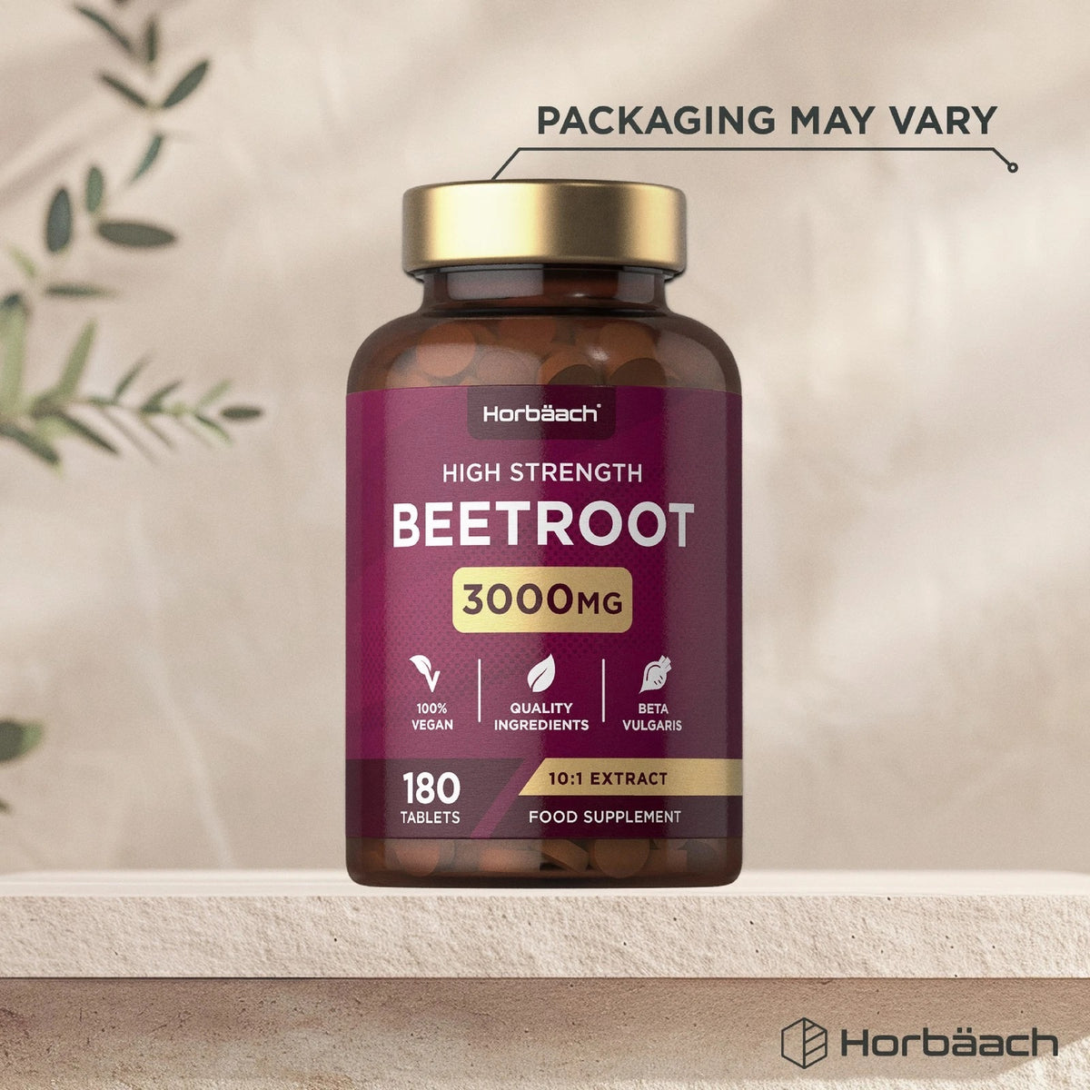 Horbäach High Strength Beetroot 3000MG 10:1 Extract Food Supplement features 180 vegan tablets.