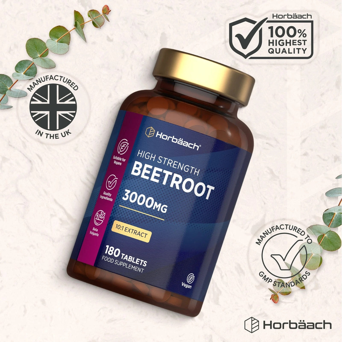 Horbäach High Strength Beetroot 3000mg 10:1 Extract, 180 Vegan Tablets Food Supplement package.