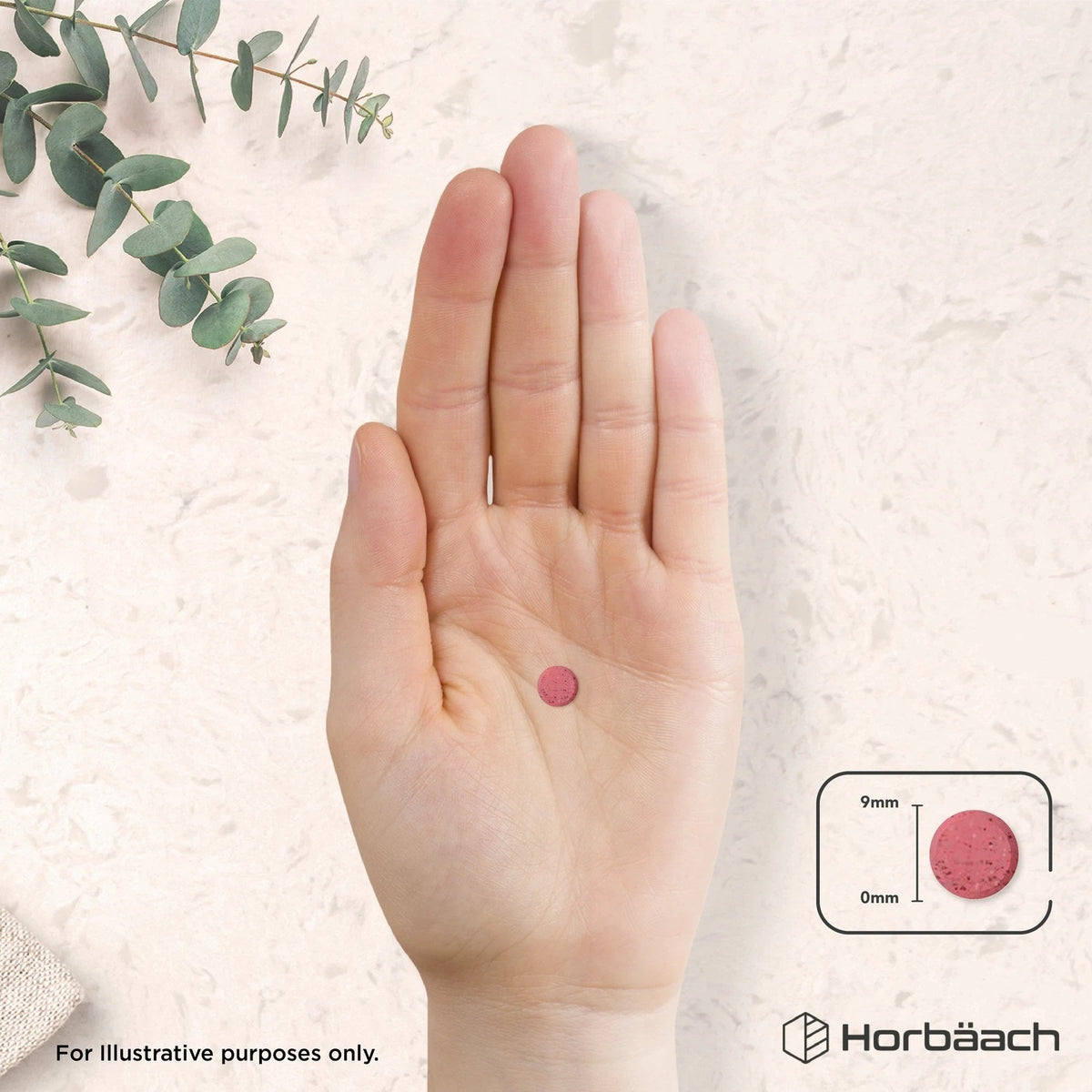 HU Beetroot Extract 3000mg vegan tablet, 9mm, displayed on a human hand.