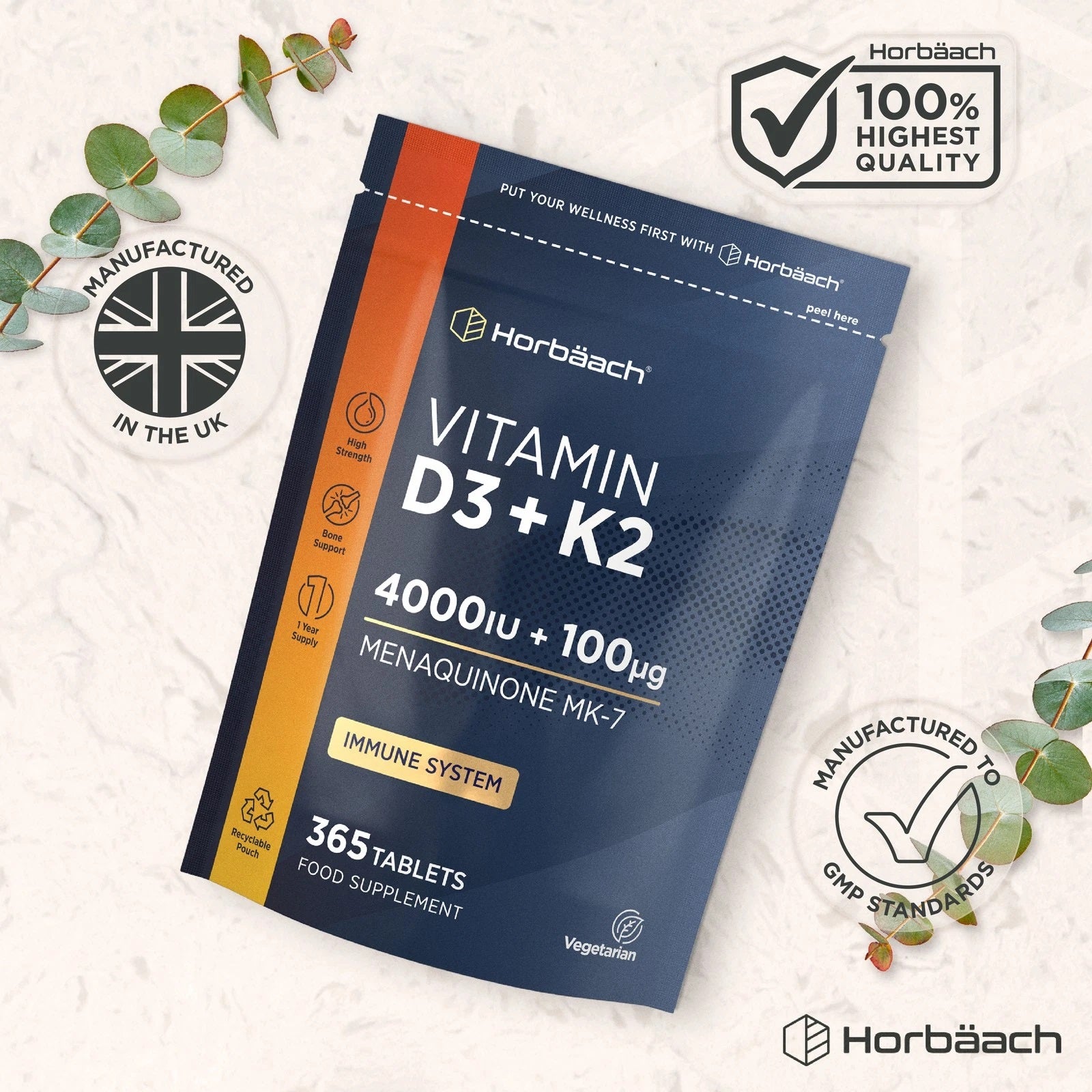 Vitamin D3 4000 IU & K2 MK7 100 µg | 365 Tablets