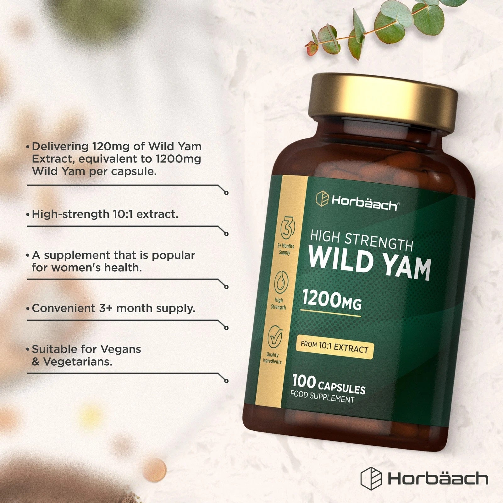 Product highlights graphic stating 120mg Wild Yam Extract (1200mg equiv), High-strength 10:1 extract, For women's health, 3+ month supply, Vegan & Vegetarian