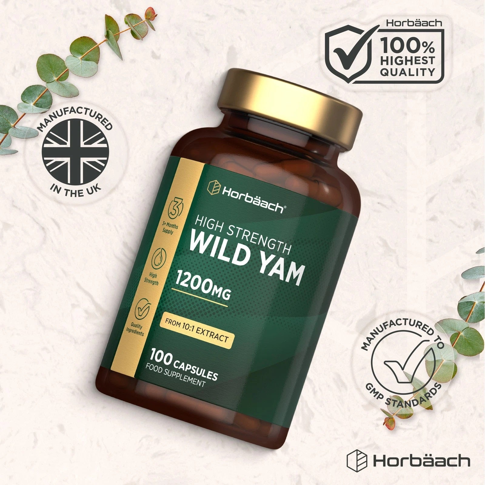Horbäach High Strength Wild Yam 1200mg, from 10:1 extract, 100 capsules food supplement.