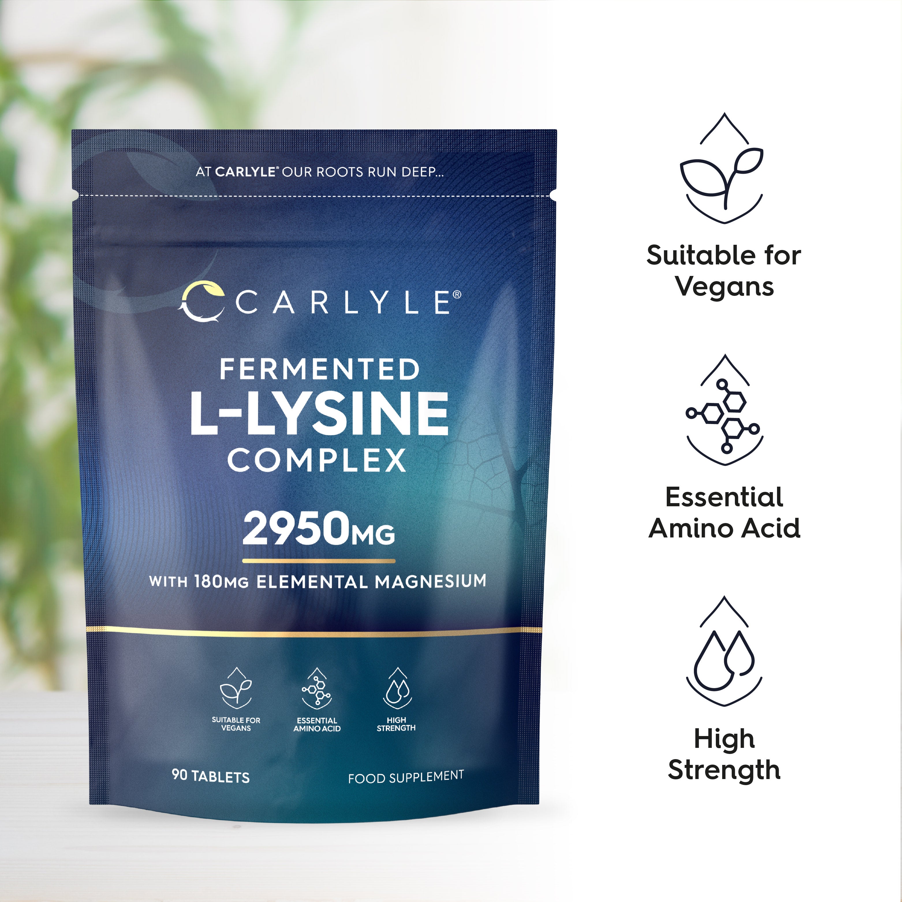 L-Lysine bottle with icons indicating it is vegan-friendly, provides essential amino acids, and is of high strength.