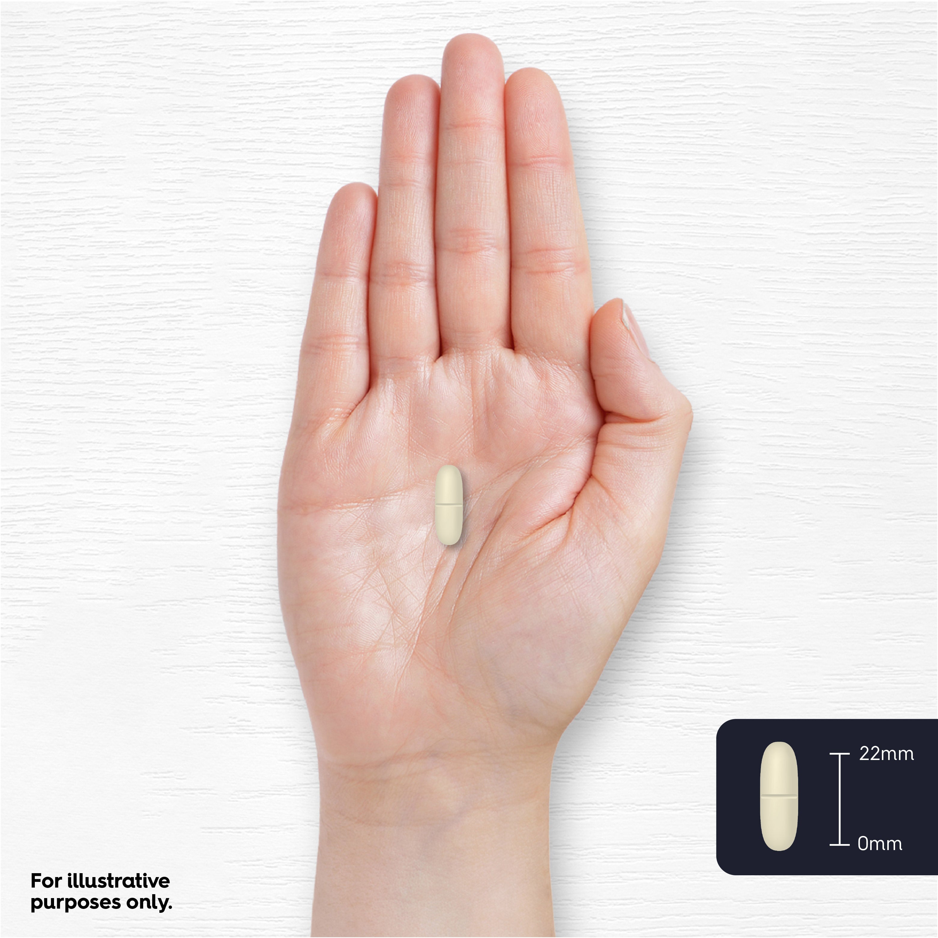 Light yellow 22mm tablet with a score line in a hand. A graphic shows a magnified view of the tablet's 22mm length.