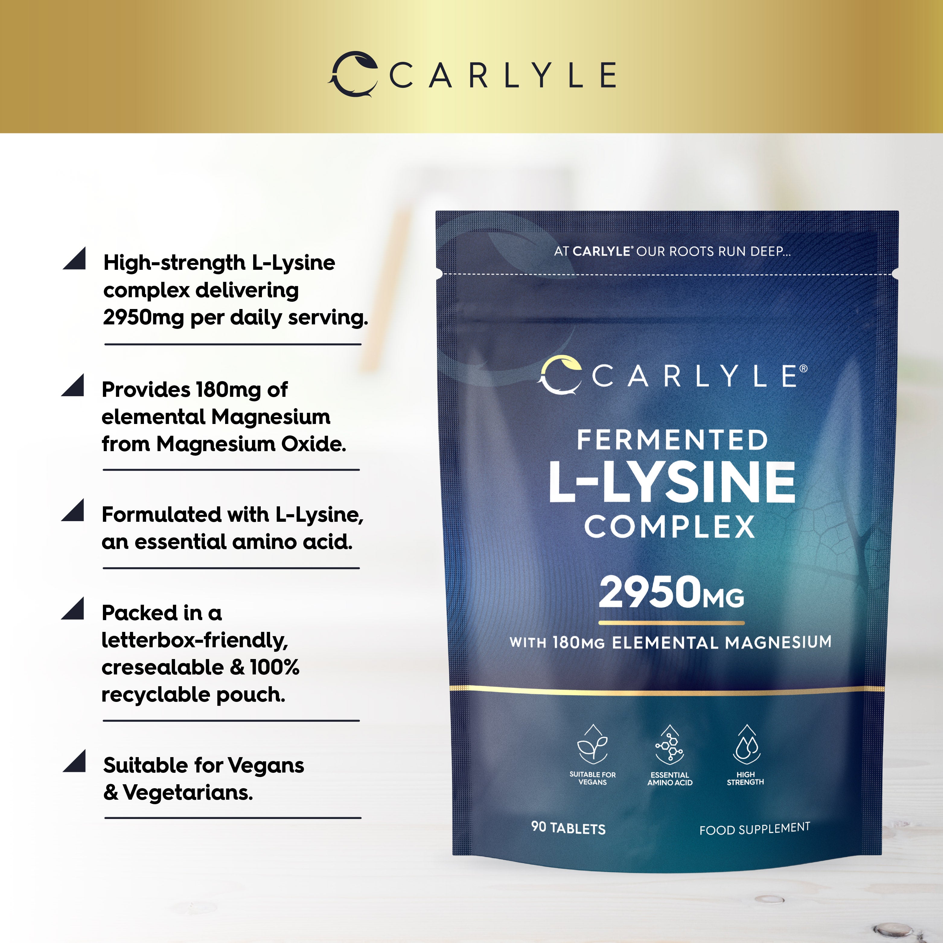 Carlyle Fermented L-Lysine Complex 2950mg with 180mg Elemental Magnesium, 90 tablets in a food supplement pouch.