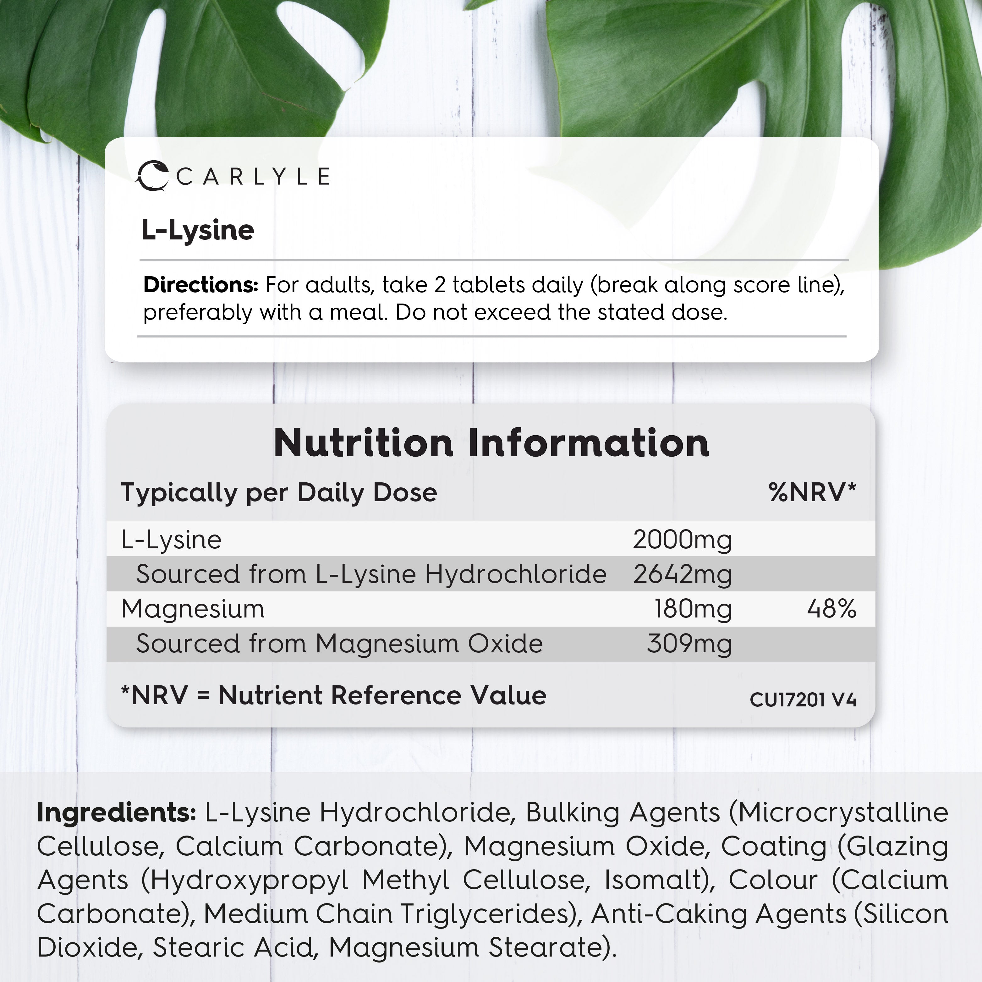 L-Lysine supplement information panel with daily directions for 2 tablets, nutrition facts for 2000mg L-Lysine, and ingredients.