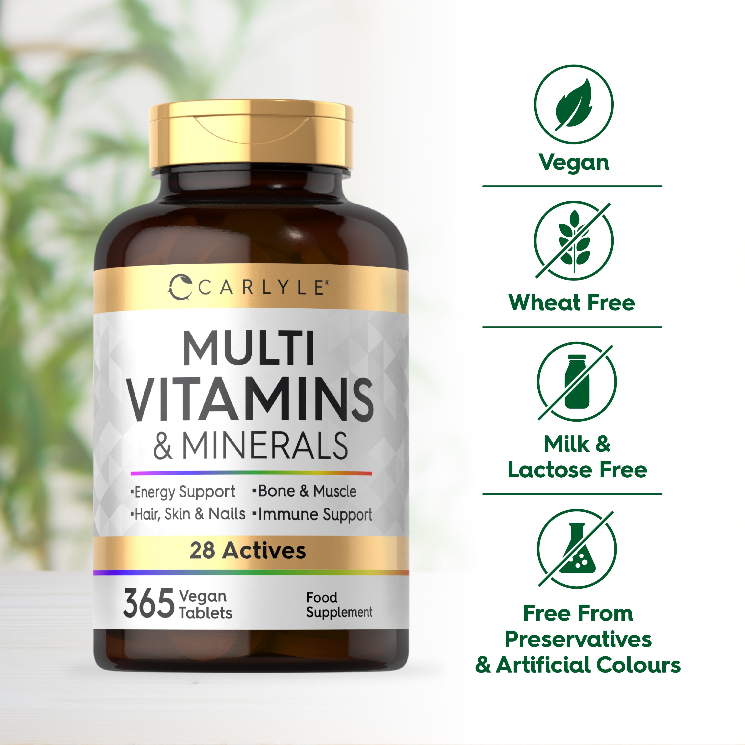 Multivitamin & Mineral bottle with icons indicating vegan, wheat free, milk & lactose free, no preservatives or artificial colors.