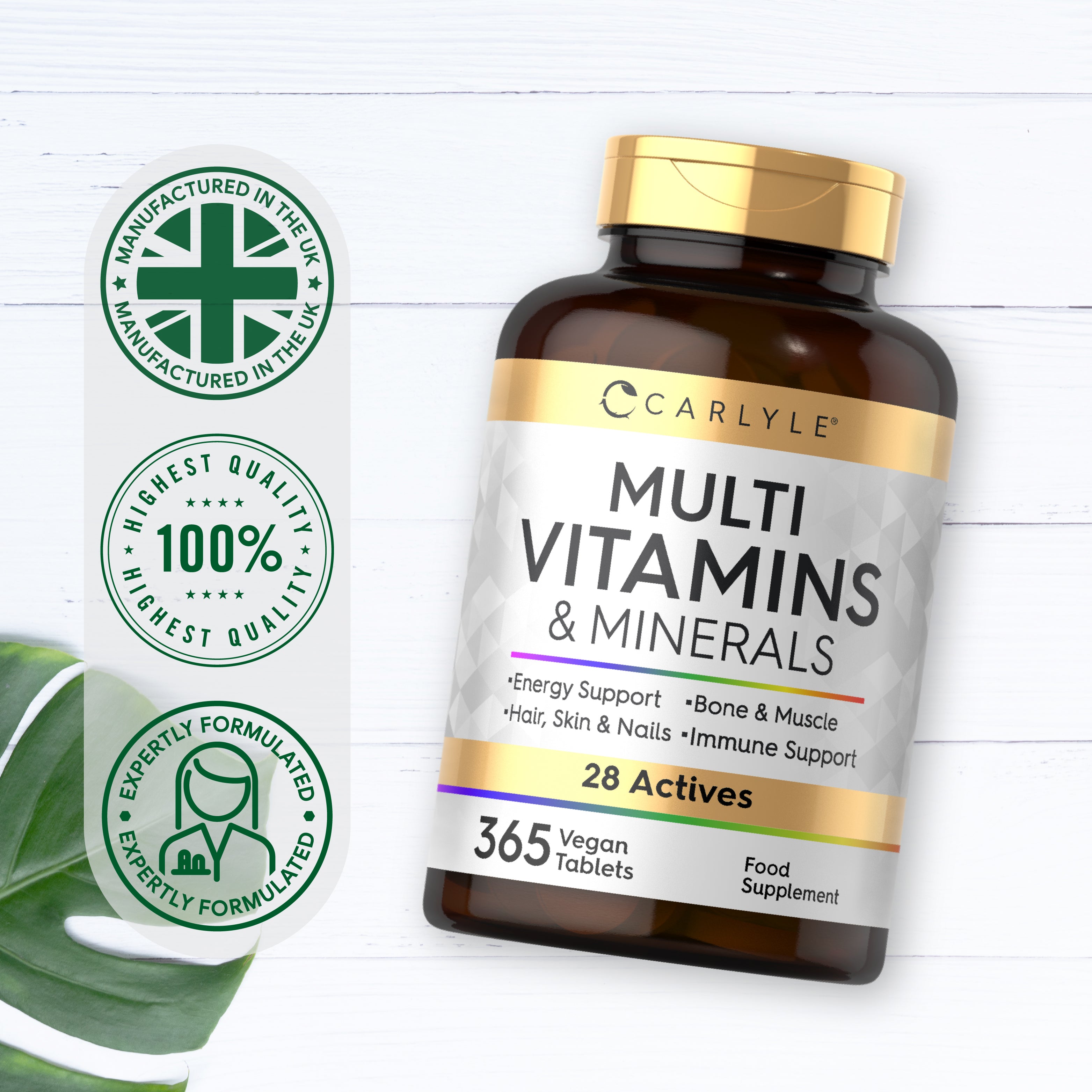 Infographic stating the product is manufactured in the UK, highest quality 100%, expertly formulated.