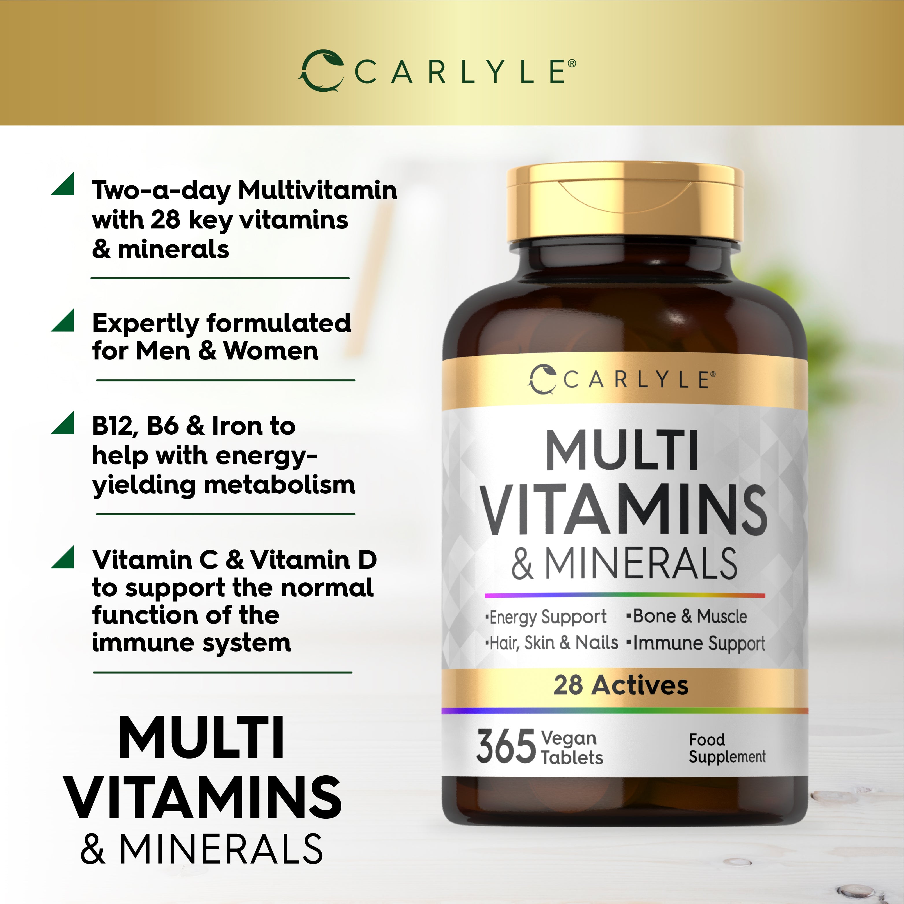 Carlyle Multivitamins and Minerals, 365 vegan tablets provide essential nutrients for daily wellness.