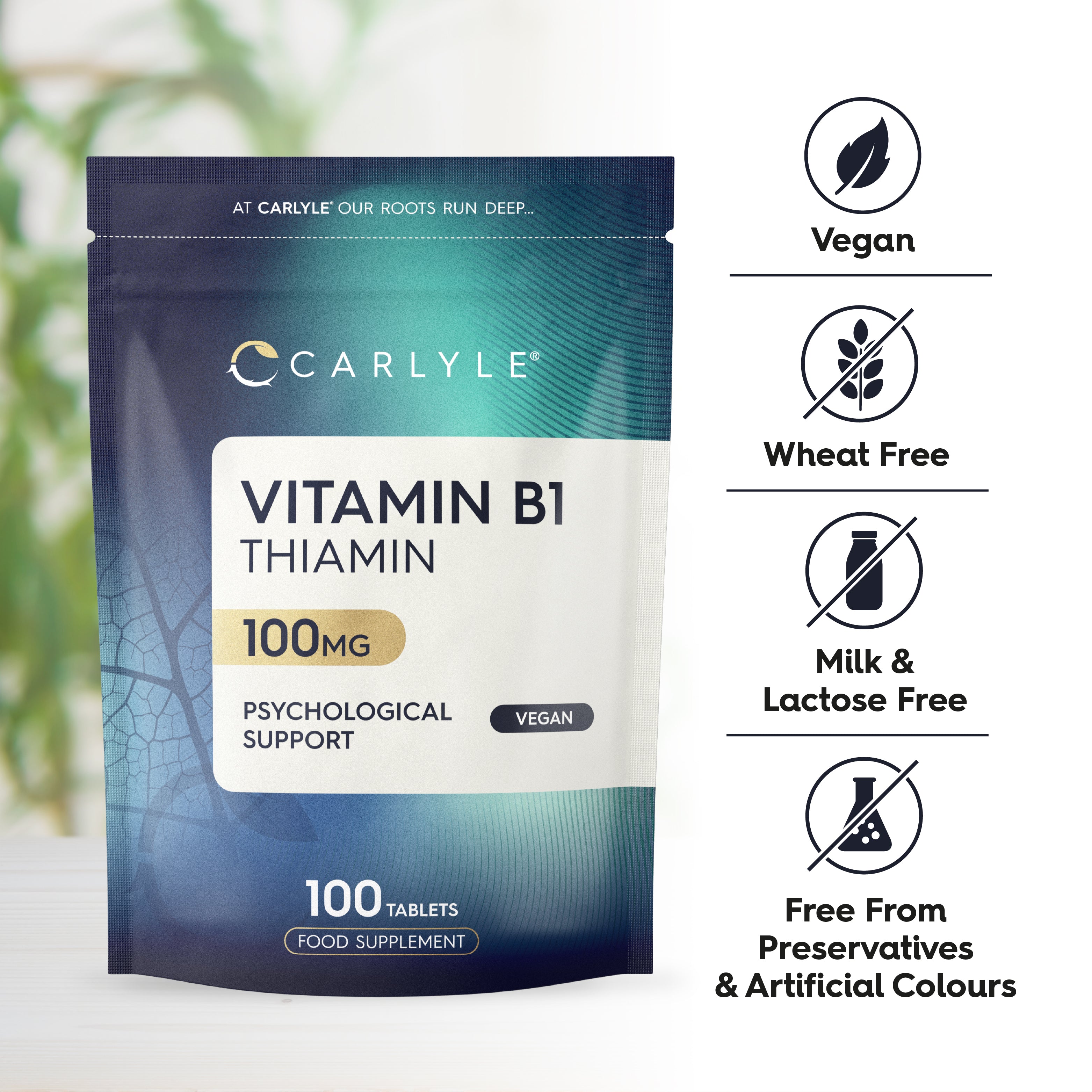 Vitamin B1 bottle with icons indicating vegan, wheat free, milk & lactose free, and free from preservatives & artificial colours.