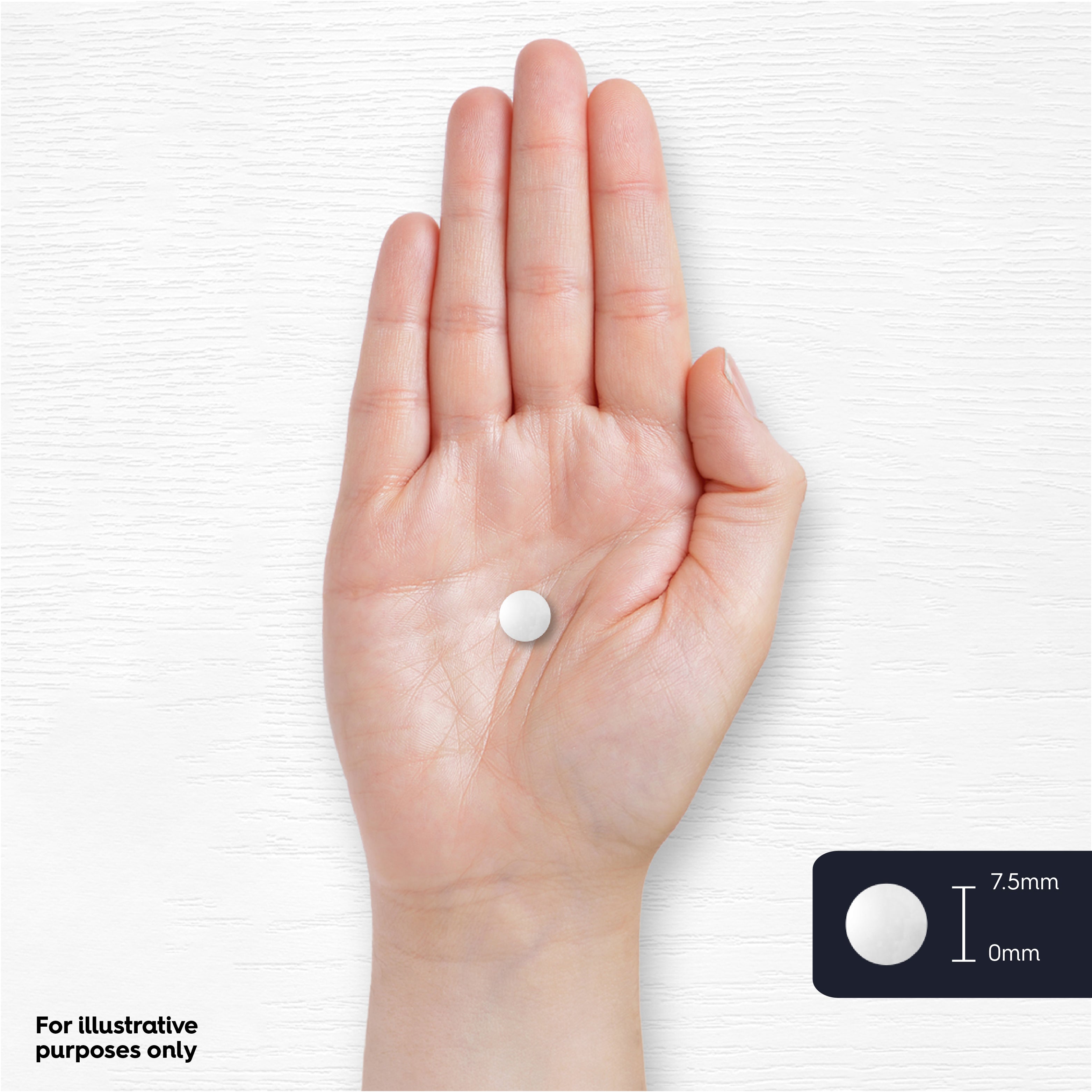 Vitamin B1 tablet on a hand, showing a measurement graphic with a 7.5mm diameter and 0mm thickness.