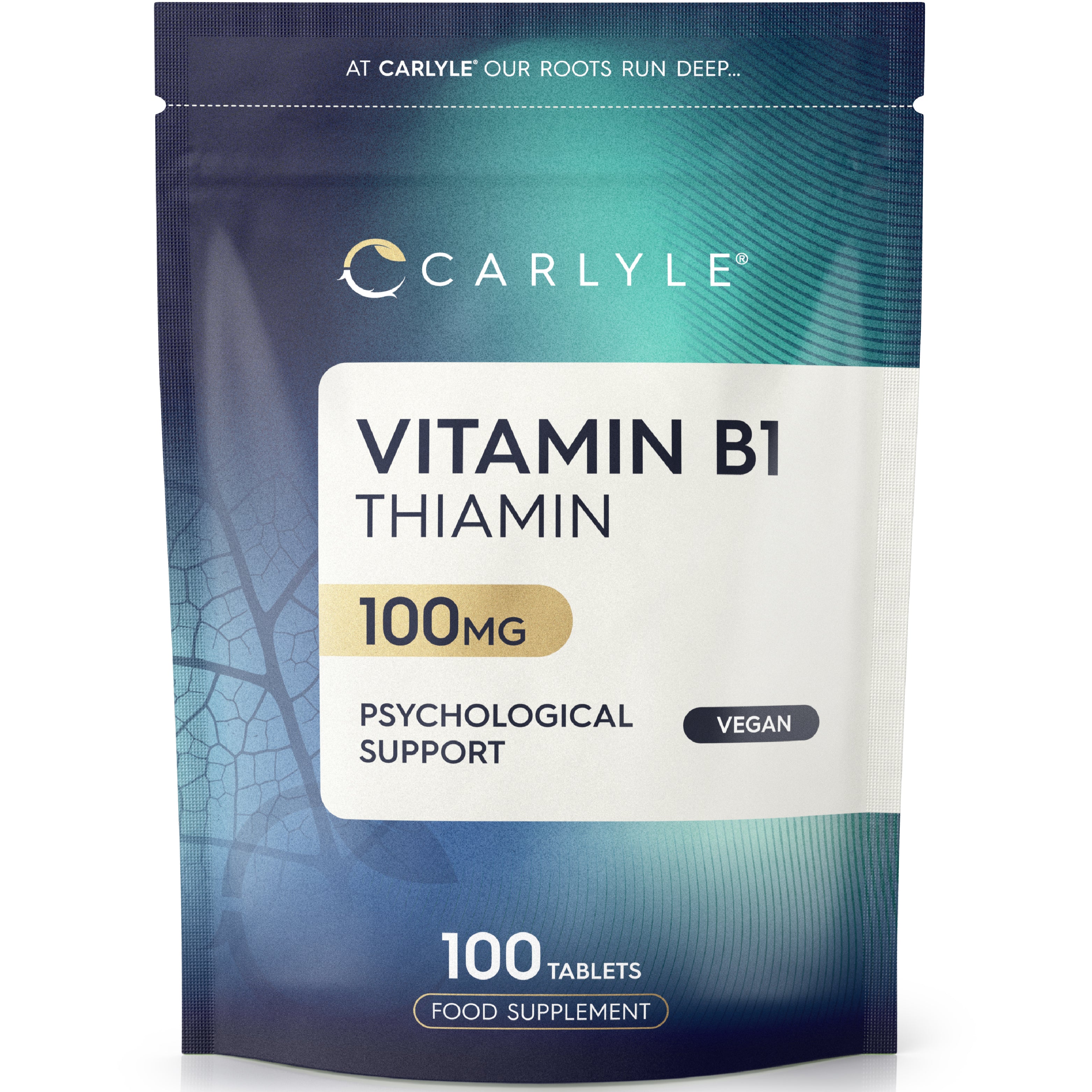 Carlyle Vitamin B1 Thiamin 100mg, 100 vegan tablets in a food supplement pouch.