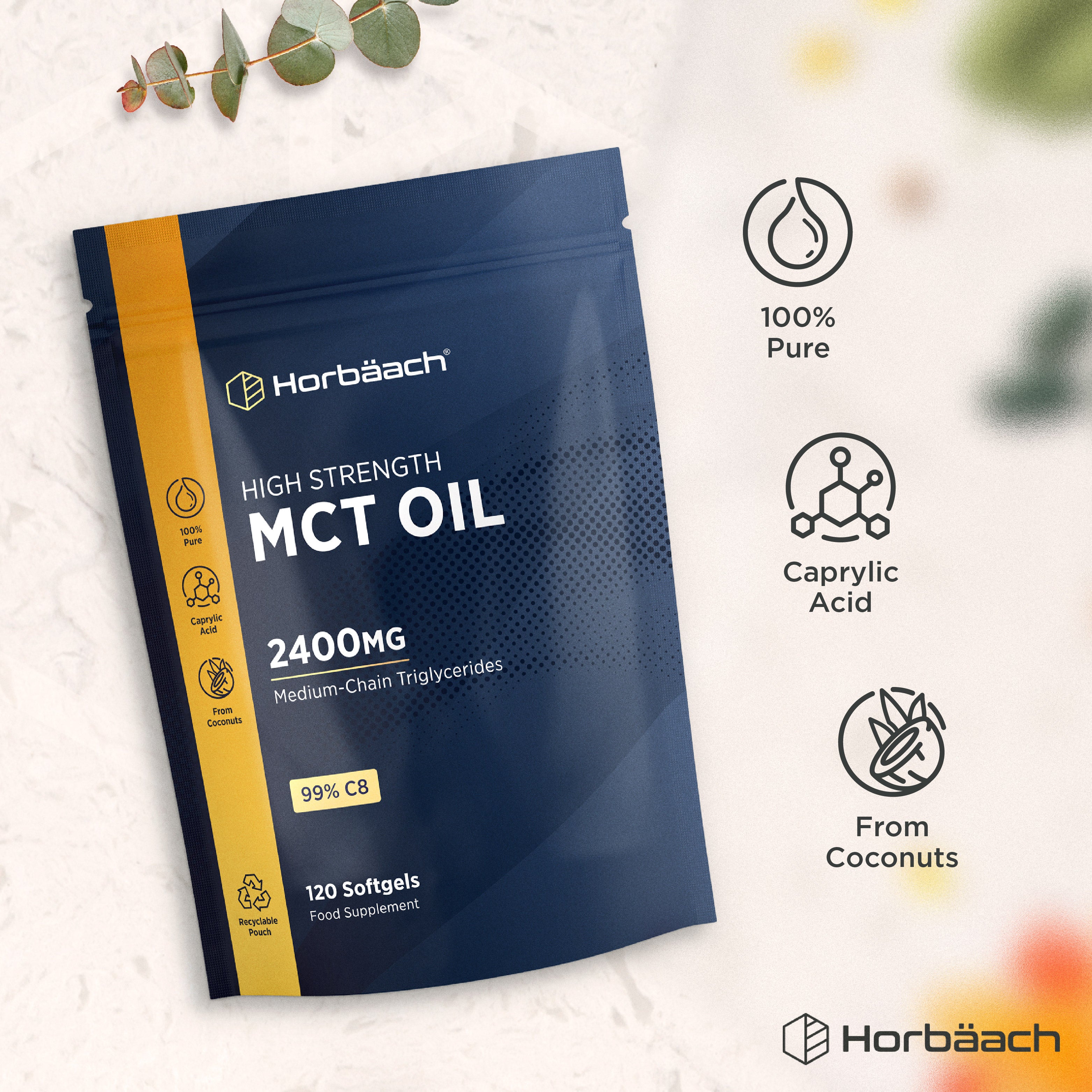 MCT Oil bottle with icons indicating 100% pure caprylic acid from coconuts in a recyclable pouch.