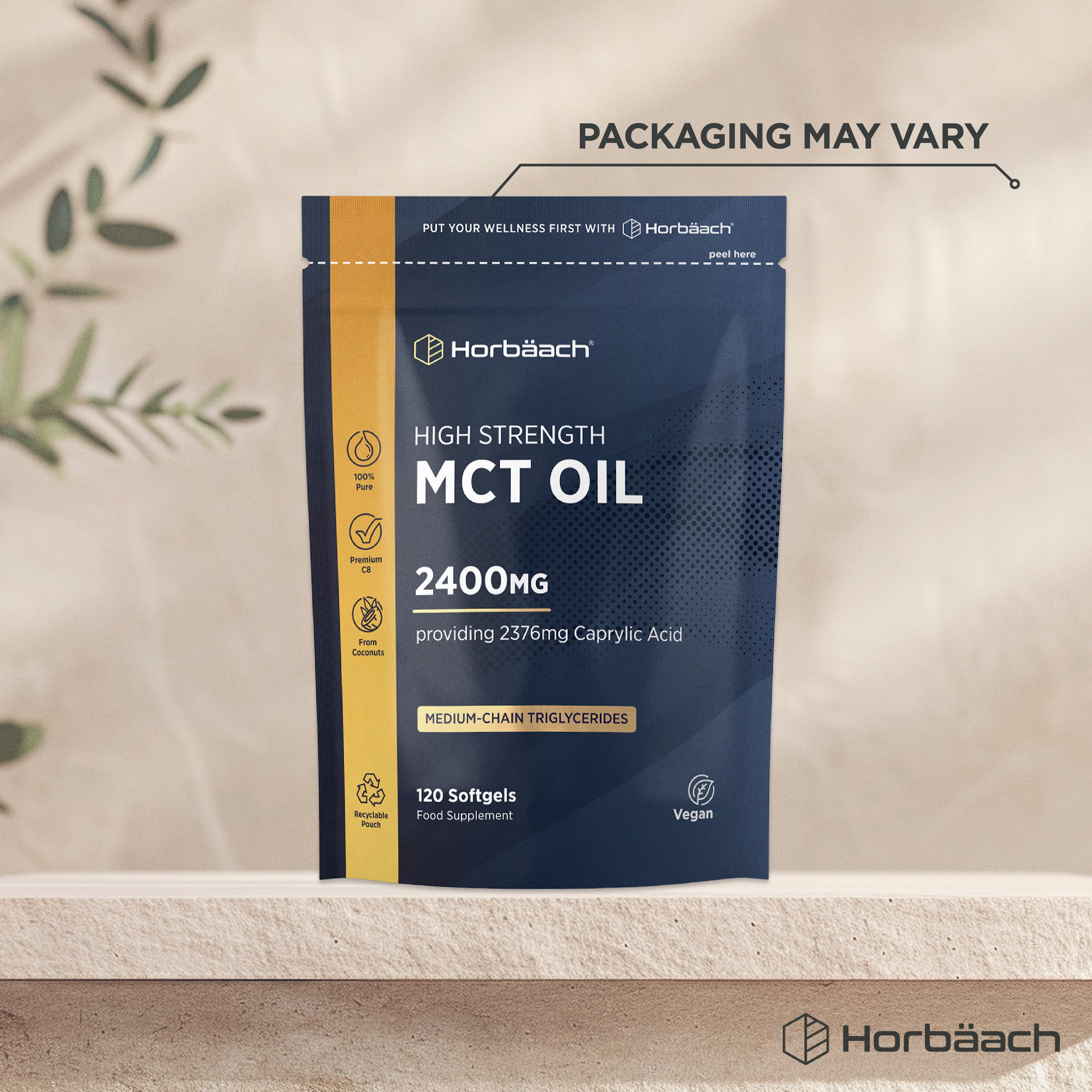 Horbäach MCT OIL 2400MG with 2376mg Caprylic Acid, 120 softgels in a recyclable pouch. Vegan product.